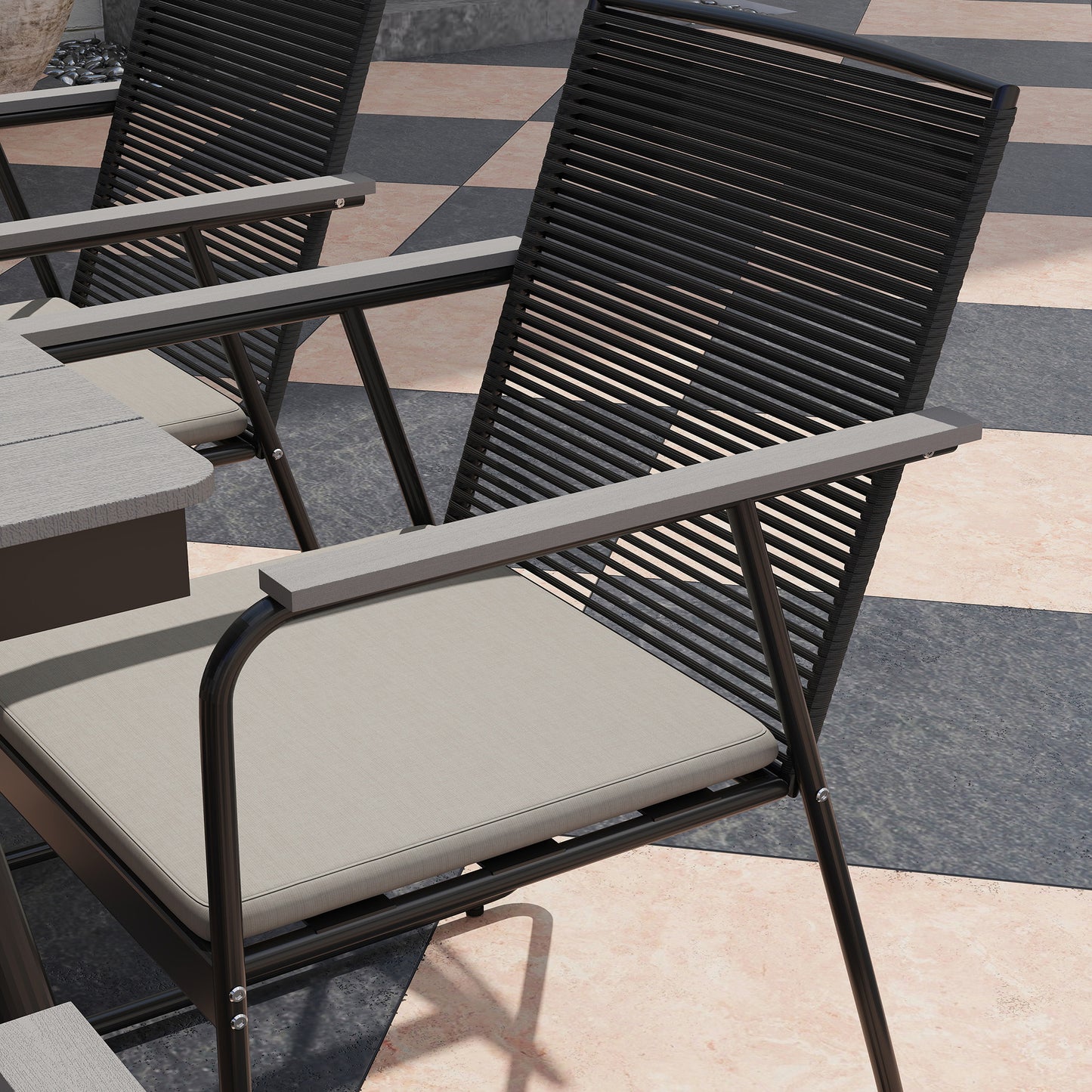 Outsunny 6 Seater Garden Dining Set, Soft Cushions, Rattan Backrest, Rectangular Plastic Top, Outdoor Furniture for Patio, Balcony, Poolside, Grey