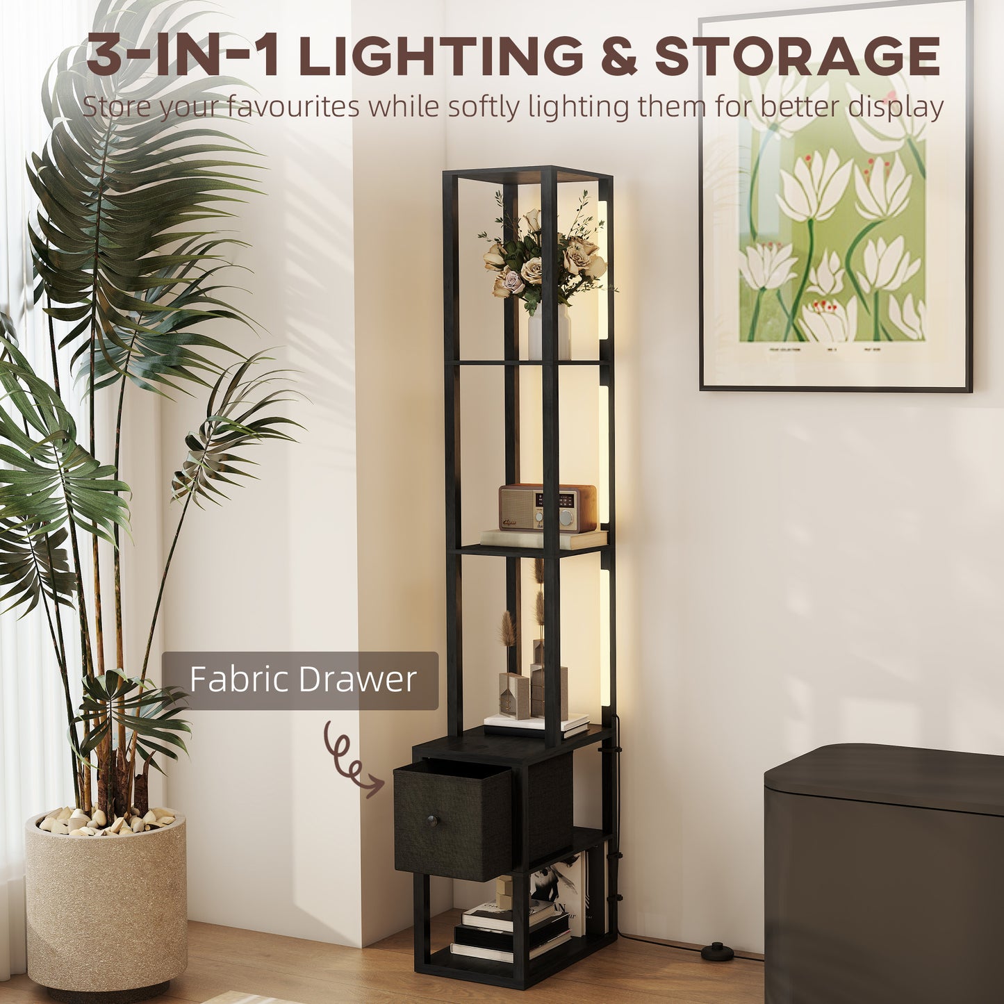 HOMCOM Floor Lamp with Shelves, LED Modern Standing Lamp, Fabric Drawer, Adjustable Brightness, Foot Switch for Living Room, Bedroom, Office, Black