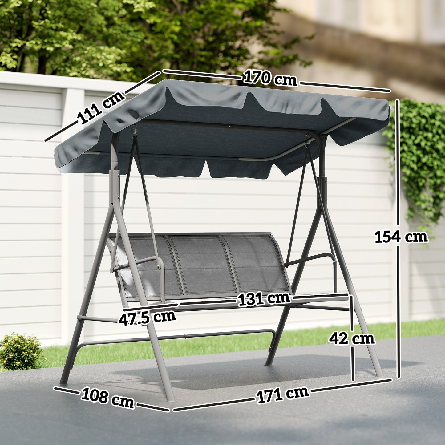 Outsunny 3-Seater Swing Chair Metal Frame Dark Grey