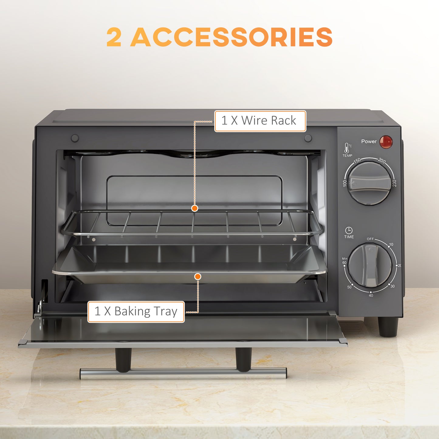 HOMCOM Mini Oven, 9L Countertop Electric Grill, Toaster Oven with Adjustable Temperature, Timer, Baking Tray and Wire Rack, 750W, Grey