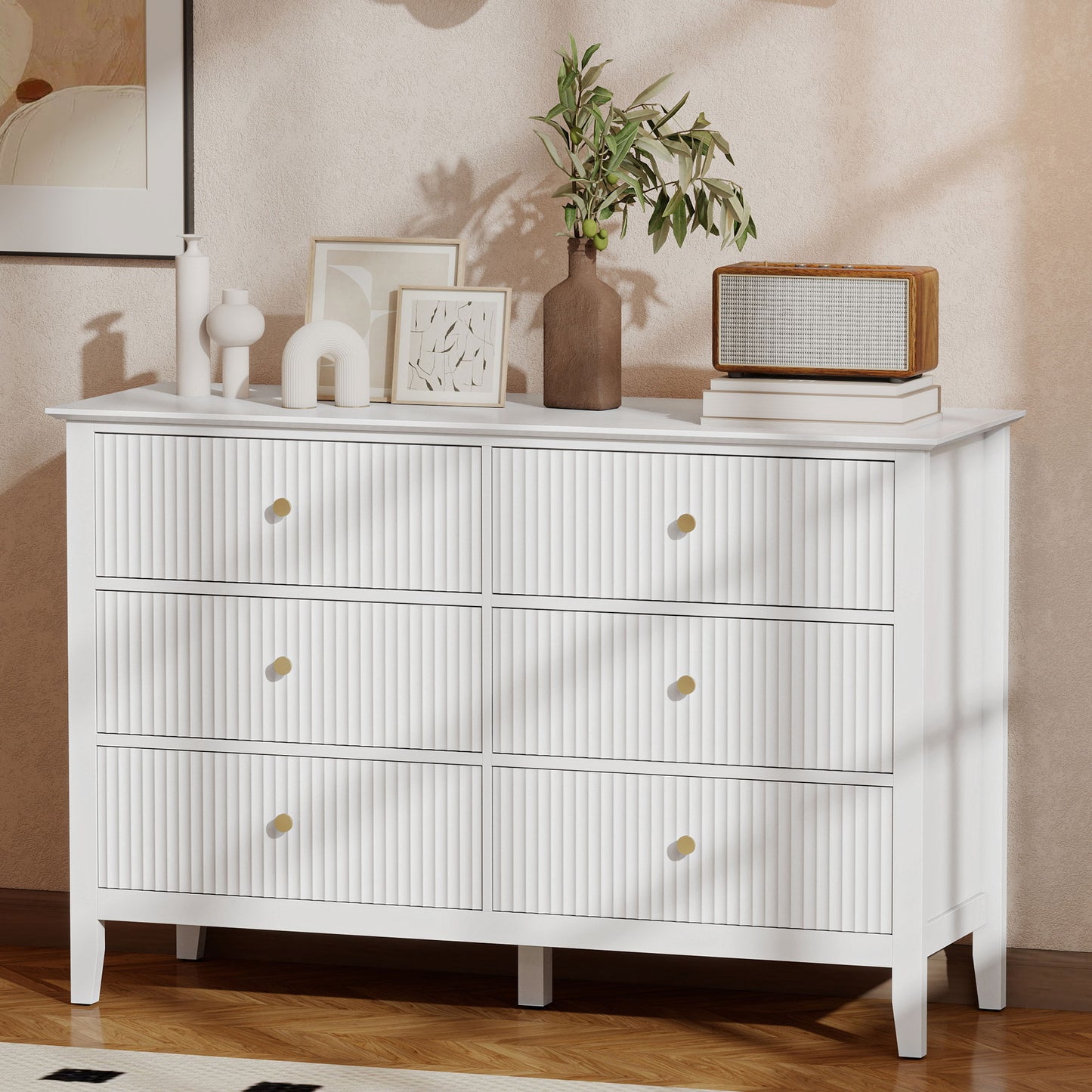 HOMCOM Fluted Dresser, 6 Drawer Chest of Drawers for Bedroom, Living Room, Hallway, Closet, White