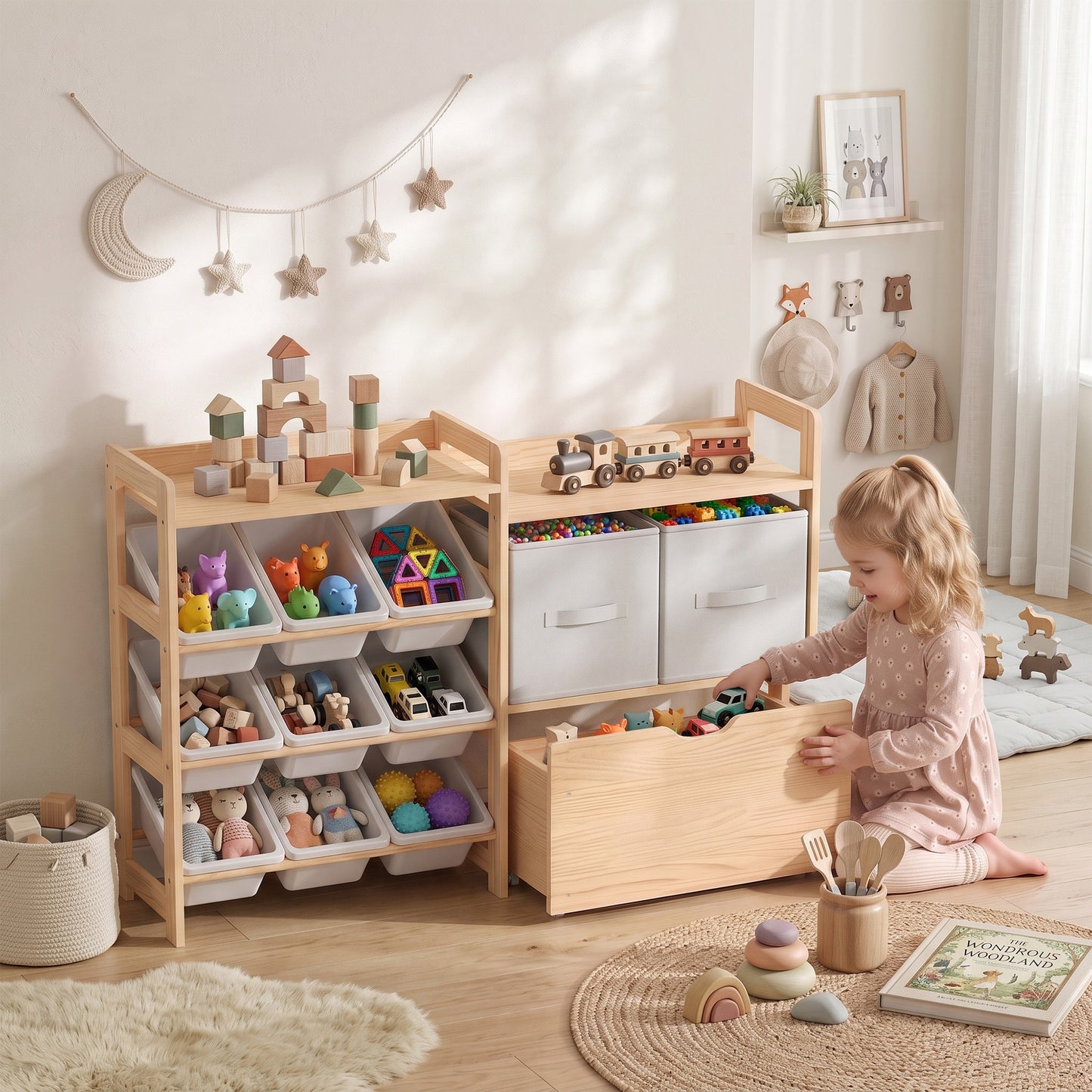 AIYAPLAY Wooden Toy Storage Unit with Rolling Toy Chest, 2 Fabric Drawers, 2 Shelves and 9 Bins for Bedroom, Playroom, Nursery