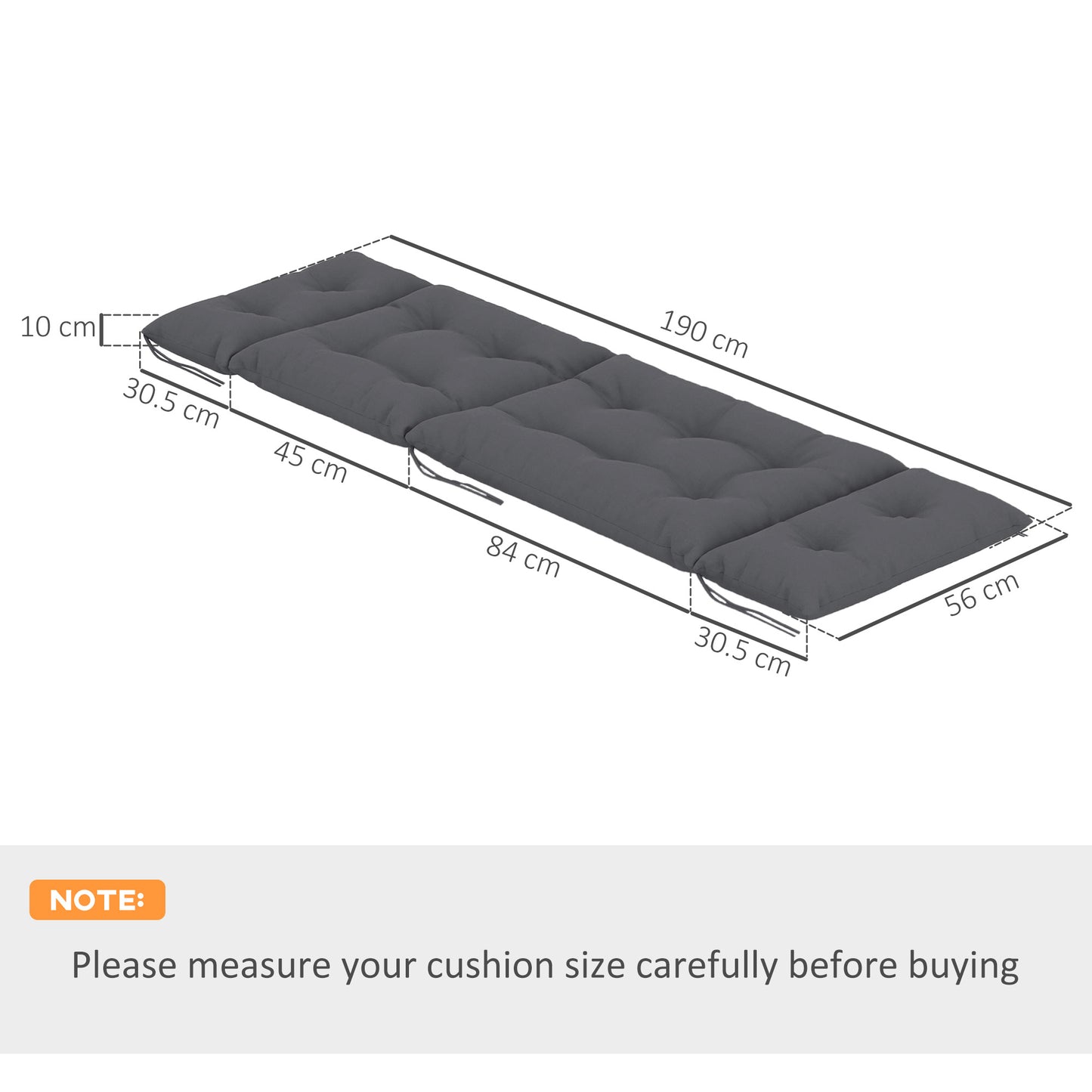 Outsunny Sun Lounger Cushions (2-Pack), 190x56x10cm, UPF20+ 220gsm Fabric, Thick, Dark Grey