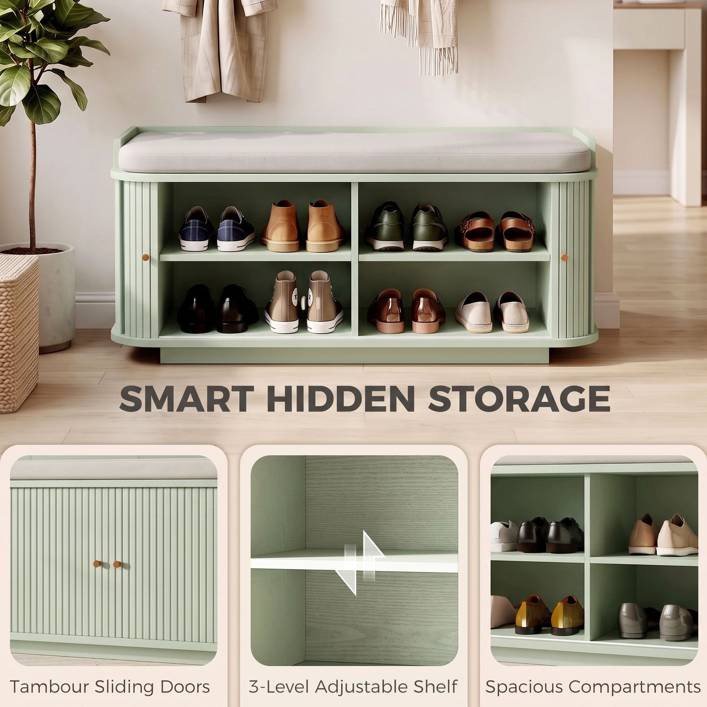 HOMCOM Hallway Storage Unit, Hallway Furniture Set with Shoe Storage Cabinet and 5 Hooks Coat Rack, Light Green