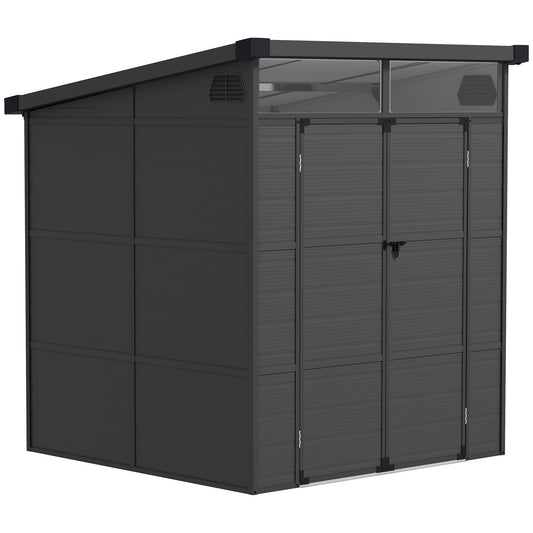 Outsunny 6x6ft Outdoor Storage Shed, Plastic Garden Shed w/ Windows, Air Vents & Latch Doors, Dark Grey