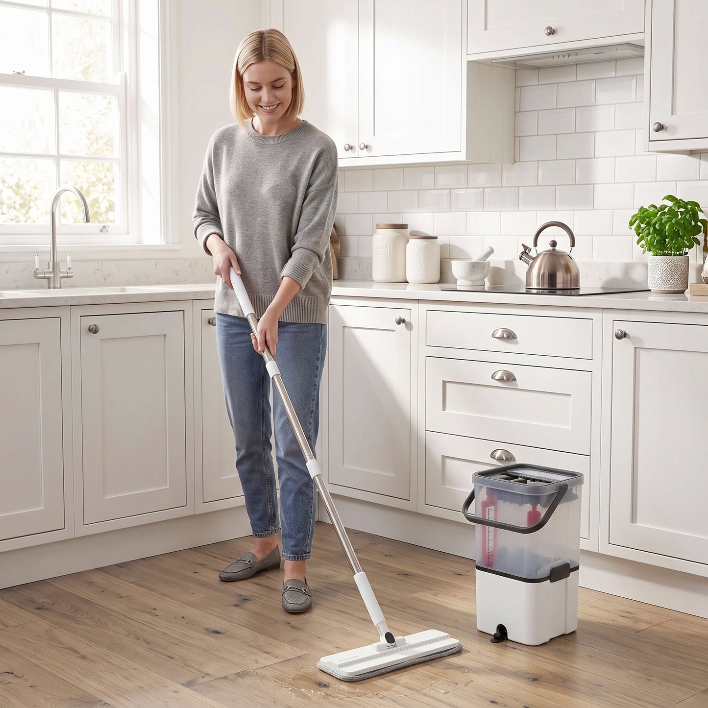 HOMCOM Mop and Bucket Set, Compact Flat Mop and Bucket with Wringer, 2-Chamber Design, 5 Reusable Microfiber Pads, White