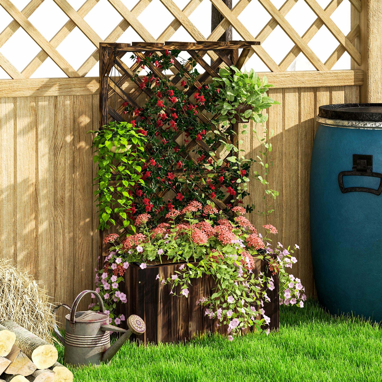 Outsunny Wooden Planter with Trellis, Freestanding Raised Garden Bed with Drainage Holes and Liner for Vegetables and Flowers, Carbonised