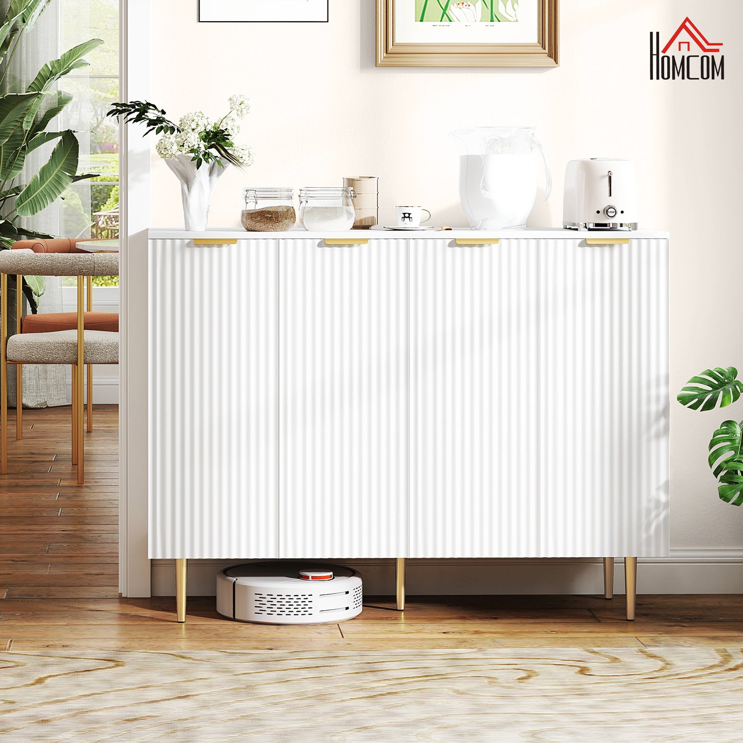 HOMCOM Sideboard Buffet Cabinet, Modern Kitchen Storage with Adjustable Shelves, Metal Legs, White