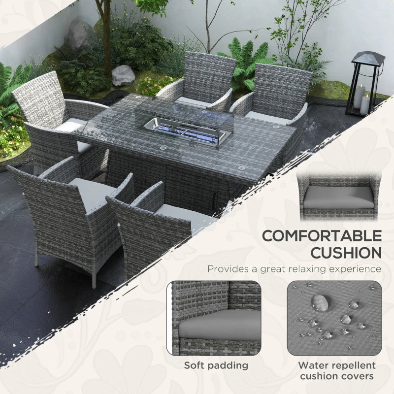 Outsunny 7 Pieces Outdoor PE Rattan Dining Sets with Fire Pit Table, Garden Dining Set w/ Propane Heater Table, Armchairs w/ Cushions, Glass Windscreen, Volcanic Rock, 50,000 BTU, Grey