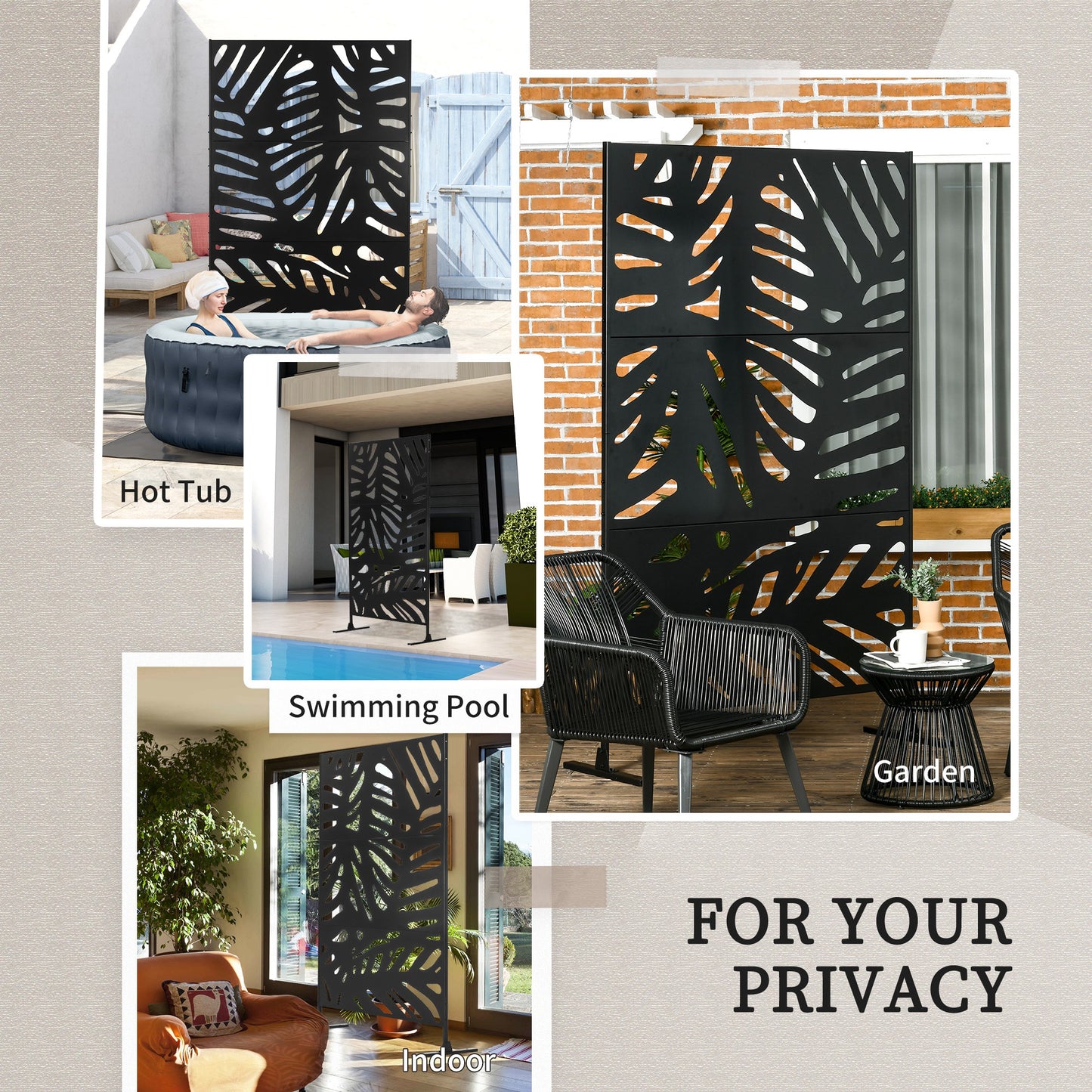 Outsunny Freestanding Outdoor Privacy Screen, Decorative Metal Garden Divider with Stand for Deck, Pool, 48" x 78" Black