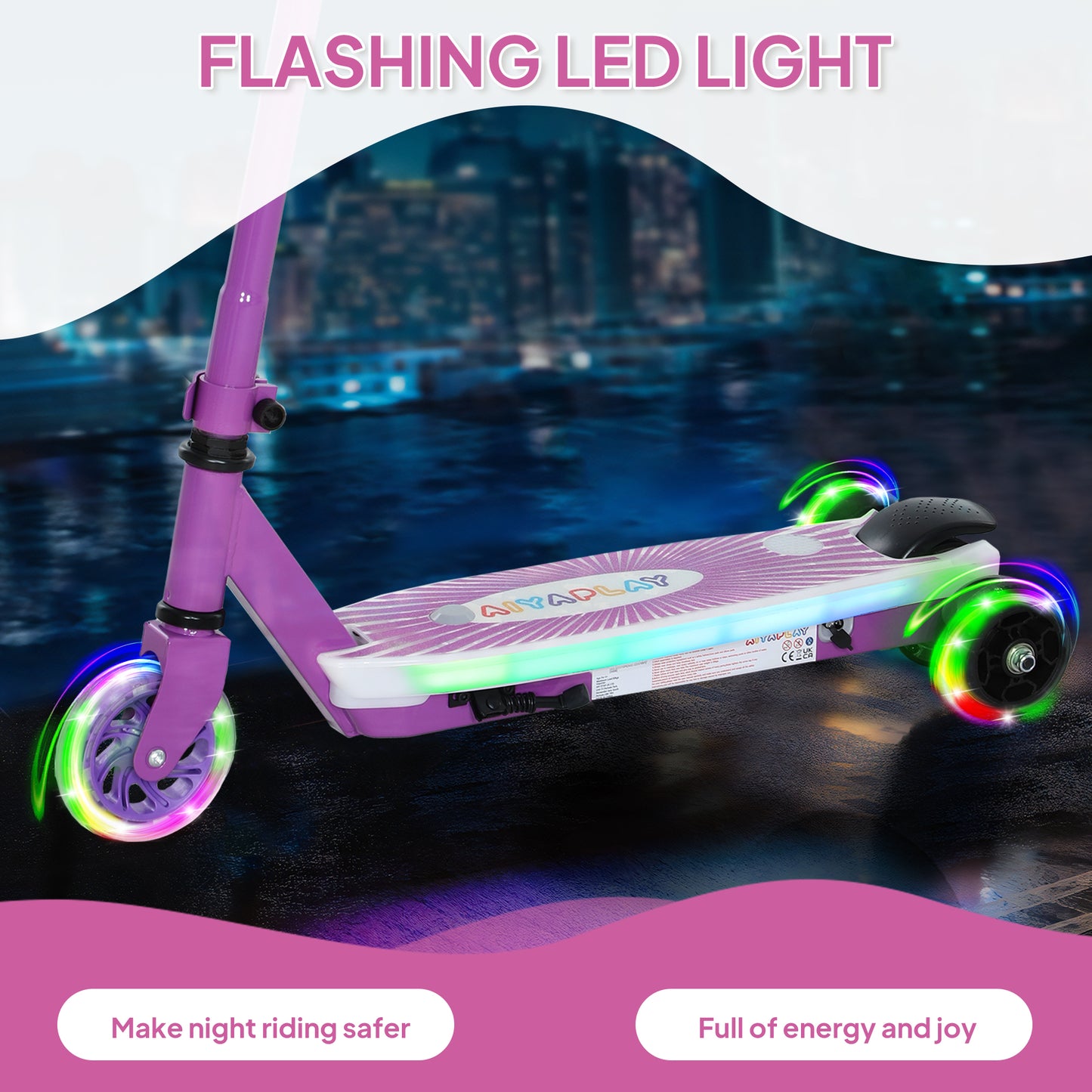 AIYAPLAY Electric Scooter for Kids Ages 4-7, Aux Rear Wheels, LED Light, Electric Brake, 6 KM/H, 8 KM, for Boys & Girls, Purple