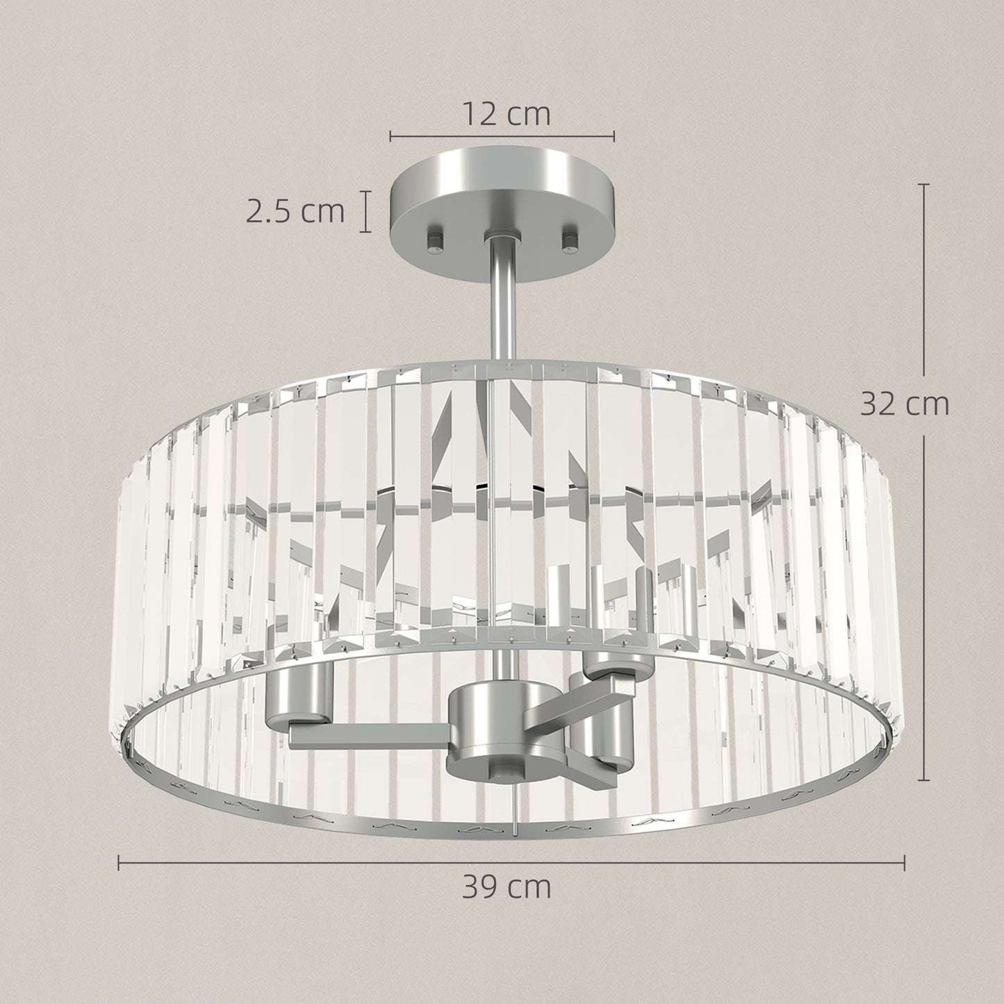 HOMCOM Crystal Ceiling Light Fixture, Semi Flush Mount Modern Chandelier for Living Room, Bedroom, Hallway, Dining Room, E14 Base 3-Lights, Silver Tone