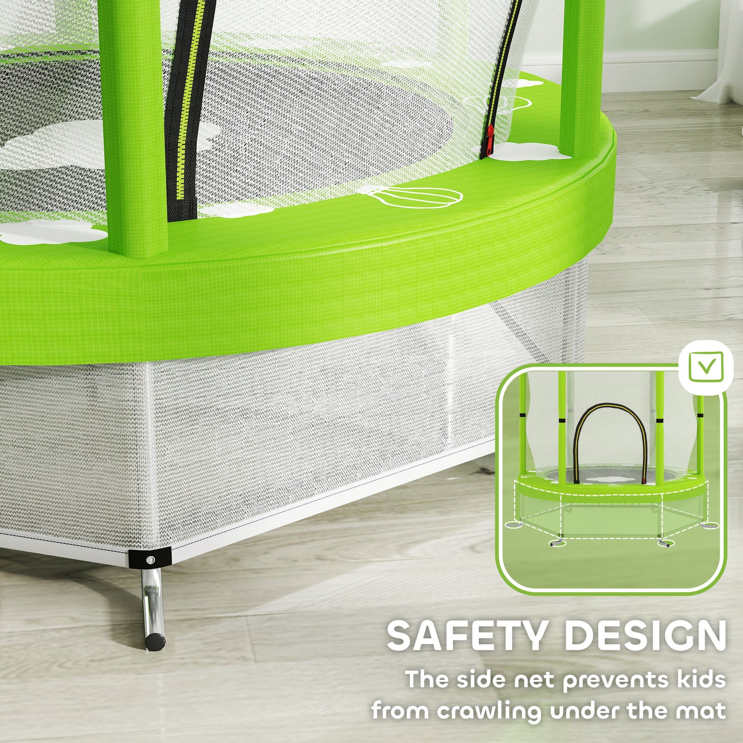 AIYAPLAY 4.6FT Toddler Trampoline w/ Safety Enclosure Net, for Indoor Outdoor Use, Ages 3-6 Years, Cloud Pattern - Green