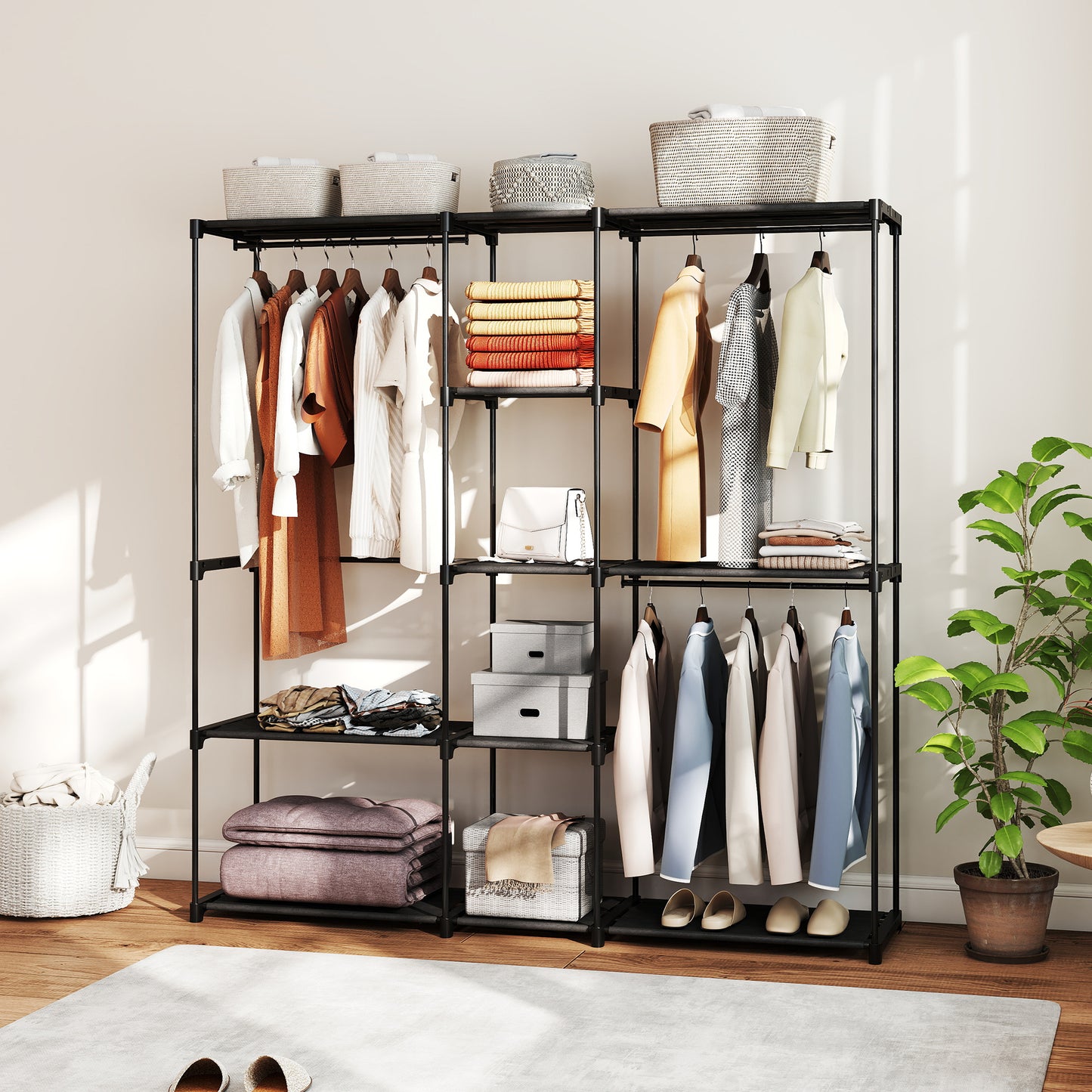 HOMCOM Storage wardrobe, fabric wardrobe with hanging rod and shelves, 182 x 43 x 185 cm, black