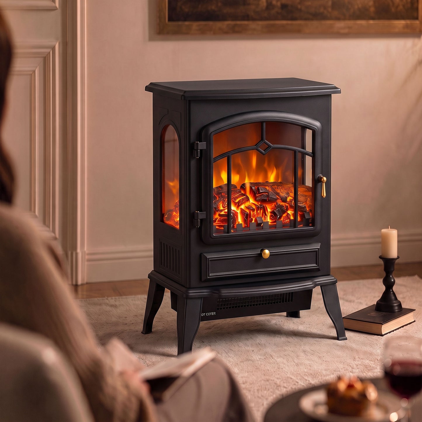 HOMCOM Electric Fireplace Stove, 1000/2000W 3-Sided Freestanding Fireplace Heater with 3D Flame Log, Thermostat, Black