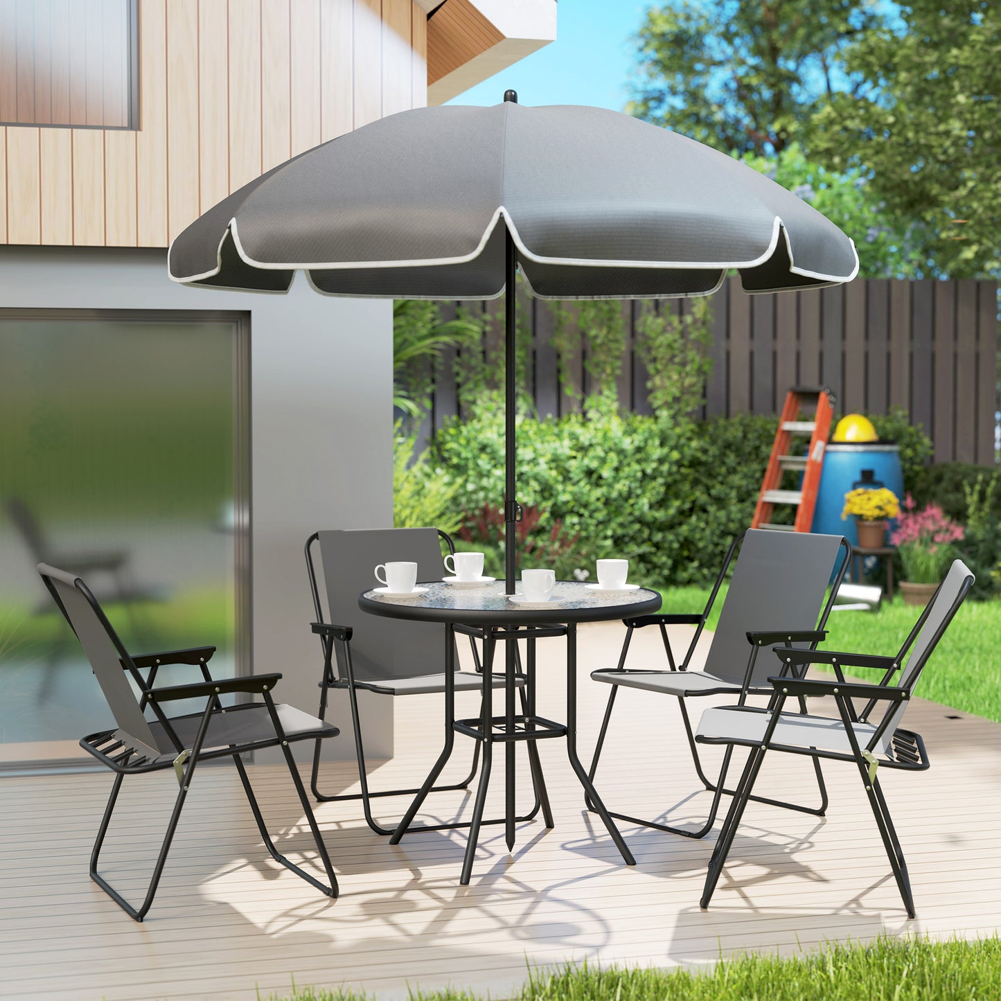 Outsunny 4 Seater Garden Dining Set, 6 Pieces: Folding Chairs, Round Glass Table, Parasol, Grey