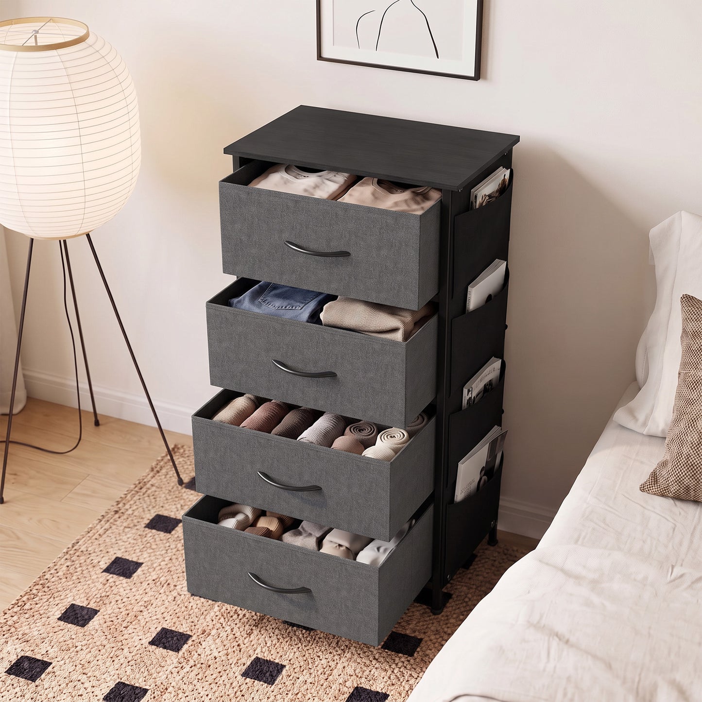 HOMCOM Chest of Drawers, Dresser with 4 Fabric Drawers, 4 Pockets, 2 Hooks and Steel Frame, Storage Unit, Grey