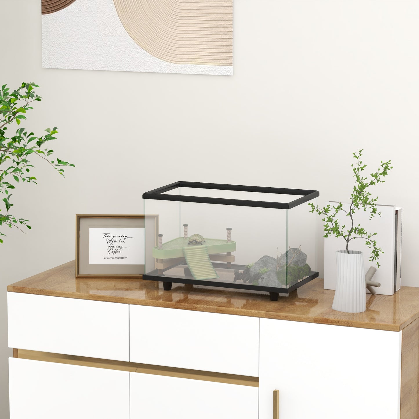 PawHut 28L Glass Turtle Tank Aquarium with Basking Platform, Easy-Drain, Strip Patch Thermometer