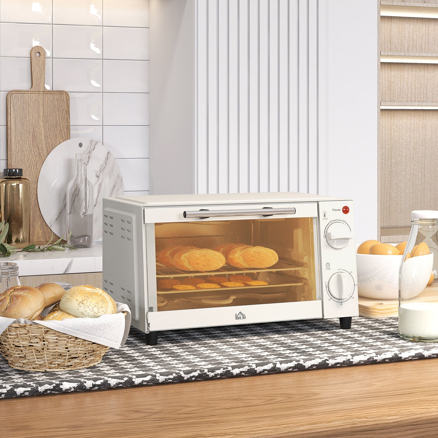 HOMCOM Mini Oven, 9L Countertop Electric Grill, Toaster Oven with Adjustable Temperature, Timer, Baking Tray and Wire Rack, 750W, Cream