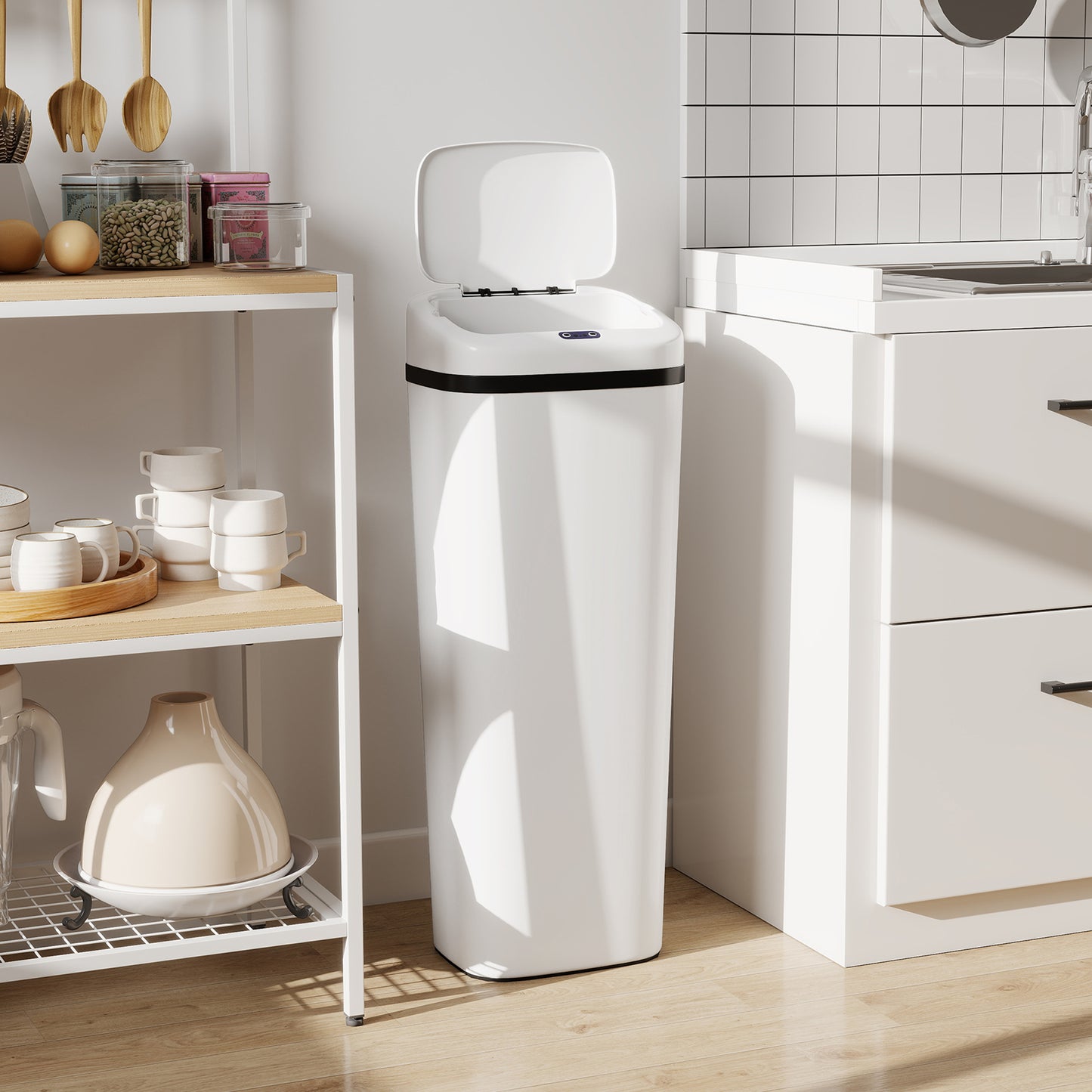 HOMCOM 50L Stainless Steel Sensor Bin - White