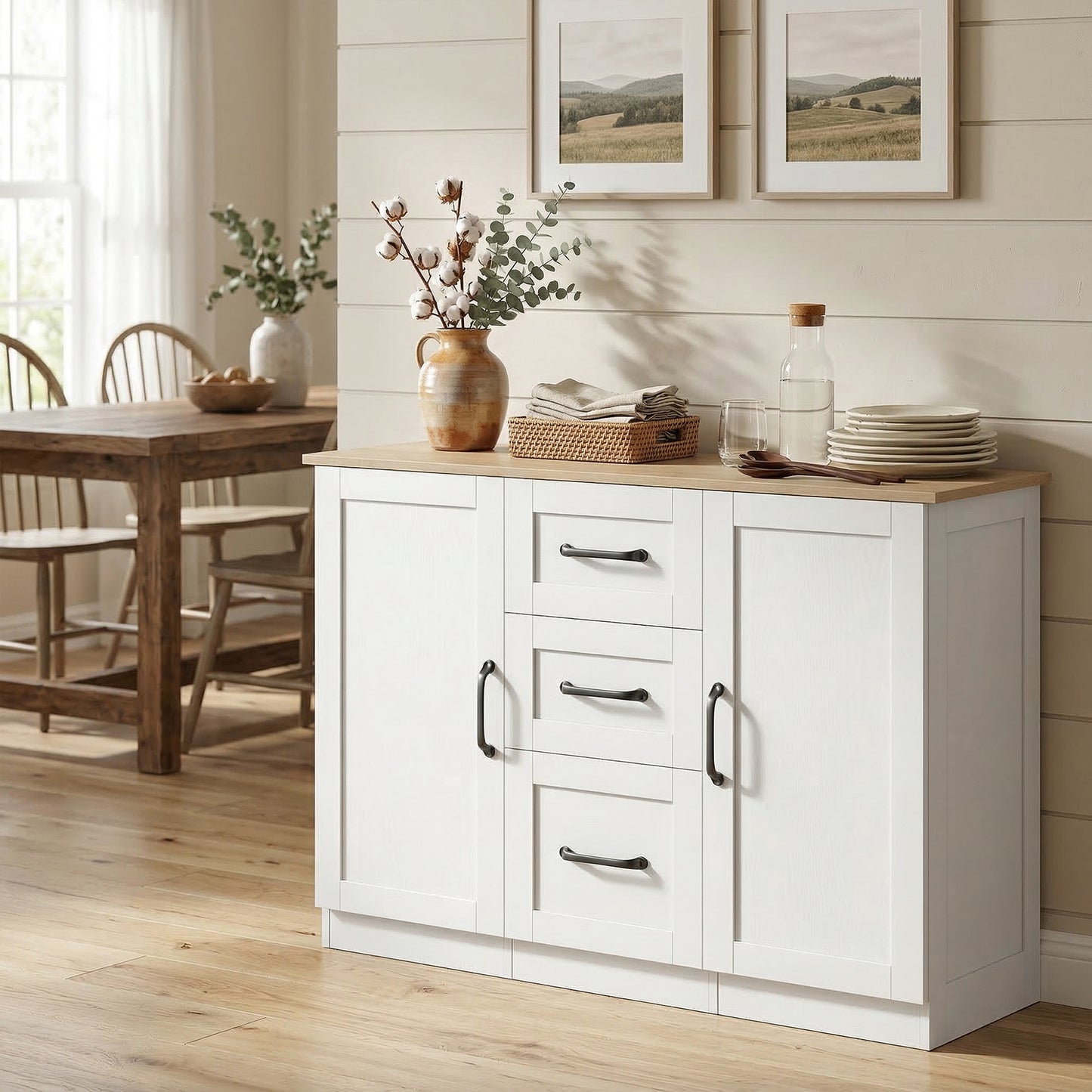 HOMCOM Sideboard Storage Cabinet, Modern 110 cm Buffet Storage Cabinet with 3 Drawers and 2 Soft Close Doors, White