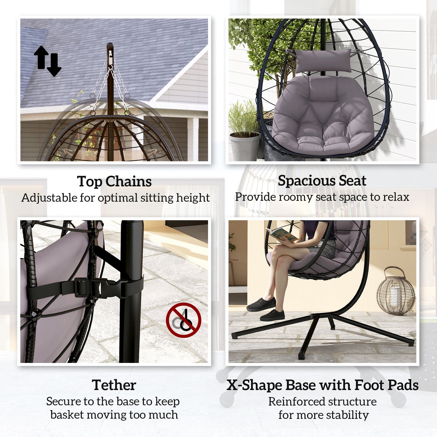 Outsunny Hanging Egg Chair, Outdoor/Indoor Swing with Folding Basket, Cushion & Stand, Grey