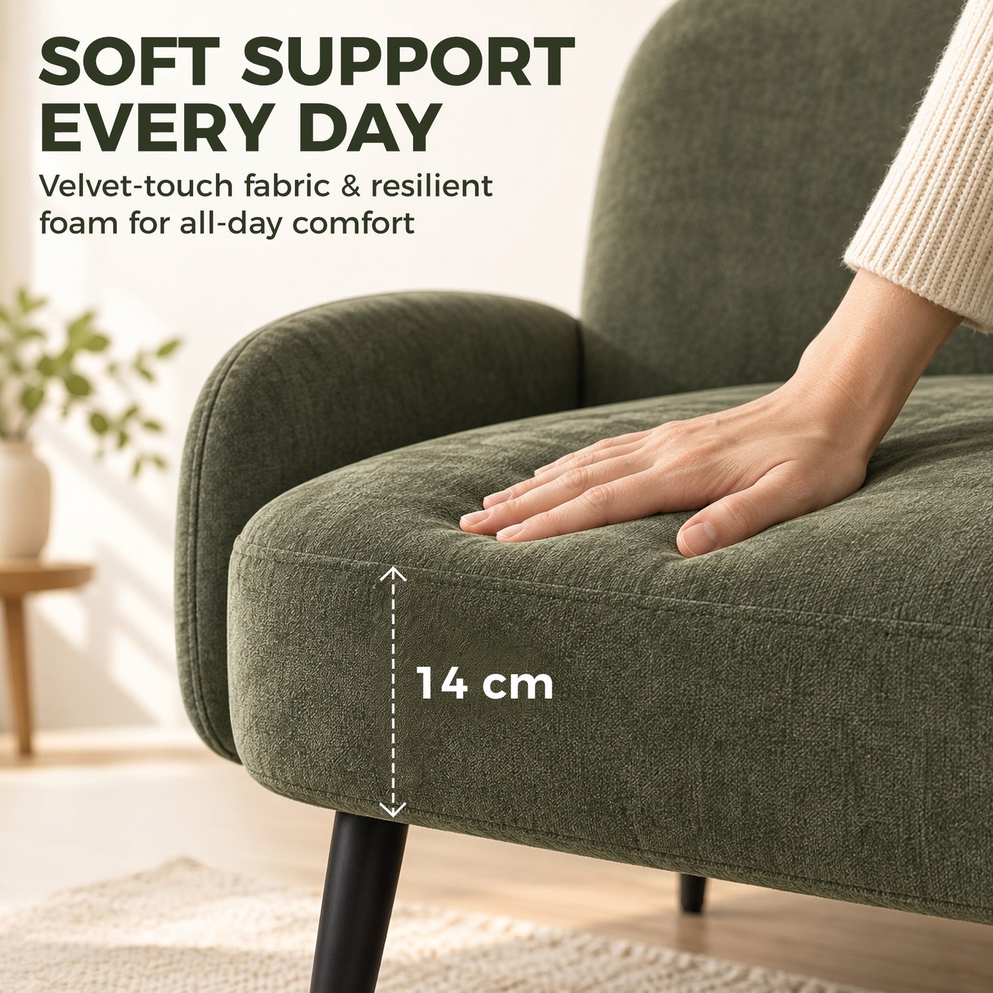 HOMCOM 132cm 2 Seater Sofa, Velvet Comfy Small Sofa Couch with Wide Seat, Thick Padding, Tapered Metal Legs, Green