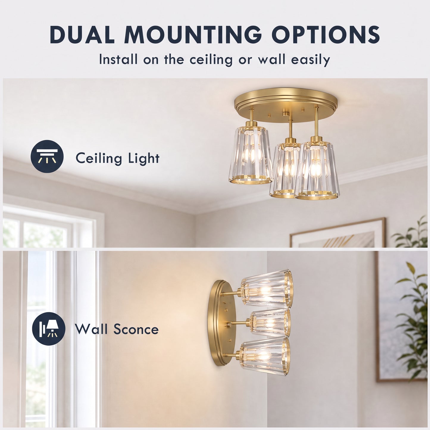 HOMCOM 3-Light Crystal Glass Ceiling Light, Triple Head with Dual Mounting, Modern Ceiling Lamp for Living Room, Gold Tone