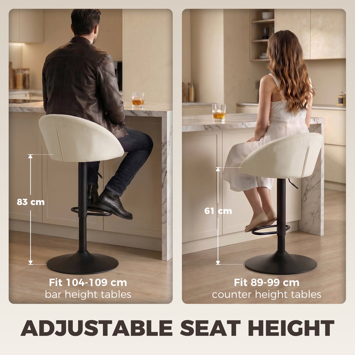 HOMCOM Set of 2 Velvet-Feel Bar Stools, Swivel Adjustable Height Breakfast Bar Chairs with Backrest, Footrest, Quilted Kitchen Stools for Dining Room, White