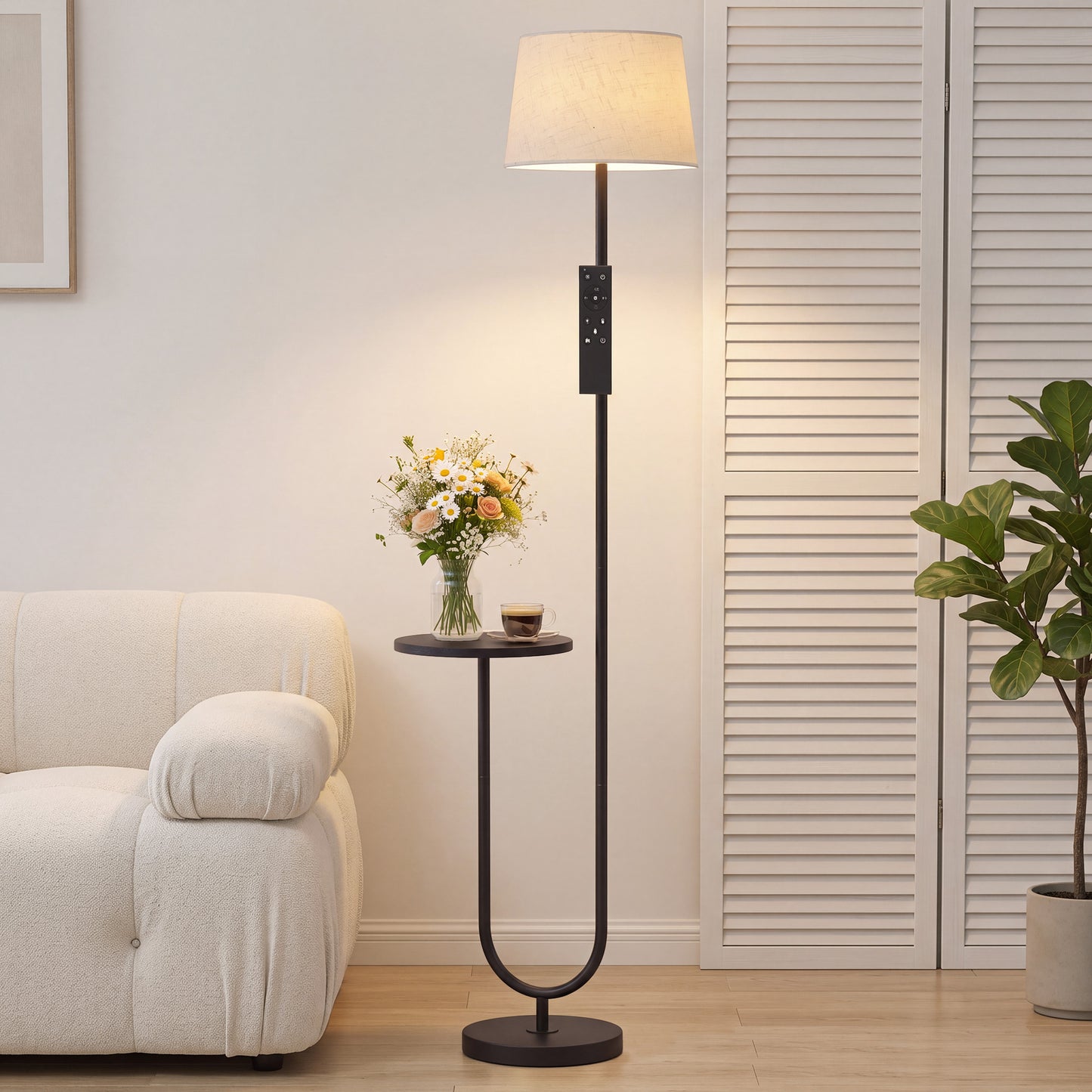 HOMCOM Modern Floor Lamp with Shelf, Dimmable Floor Lamp with Linen Shade, RF Remote and Foot Switch for Living Room, Black