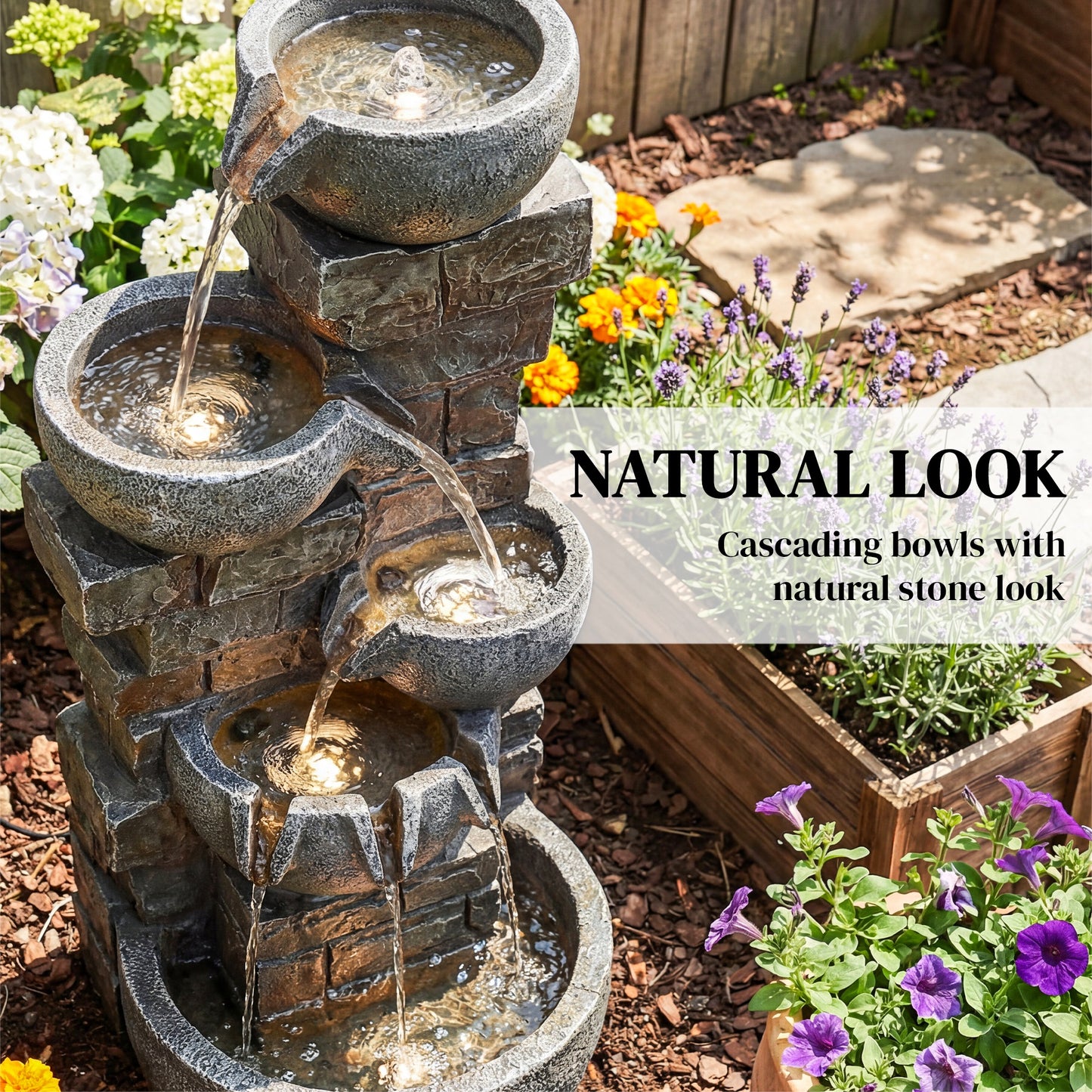 Outsunny Outdoor Water Fountain with LED Lights, 80cm Tall 5 Tiers Cascading Water Feature for Garden Patio Home Decor, Mixed