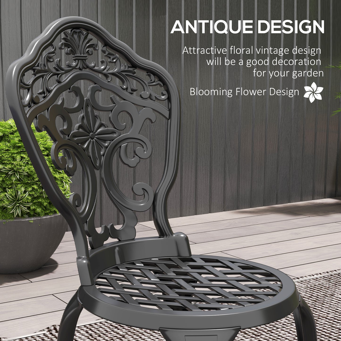 Outsunny 3 Piece Cast Aluminium Bistro Set for 2, Outdoor Table & 2 Chairs with Parasol Hole, Black