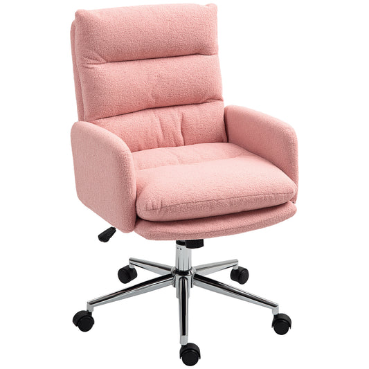 HOMCOM Home Office Chair, Sherpa Fleece, Adjustable Tilt Function & Swivel Wheels, Pink