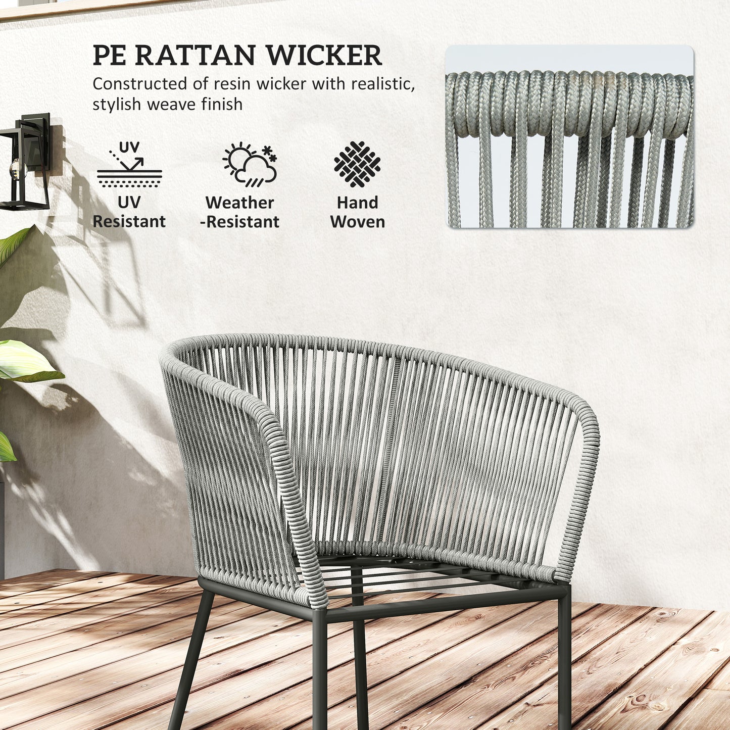 Outsunny Rattan Dining Set, 6 Seater, Wood Top Table, 6 Chairs, Washable Cushions, for Outdoor, Patio, Conservatory, Grey
