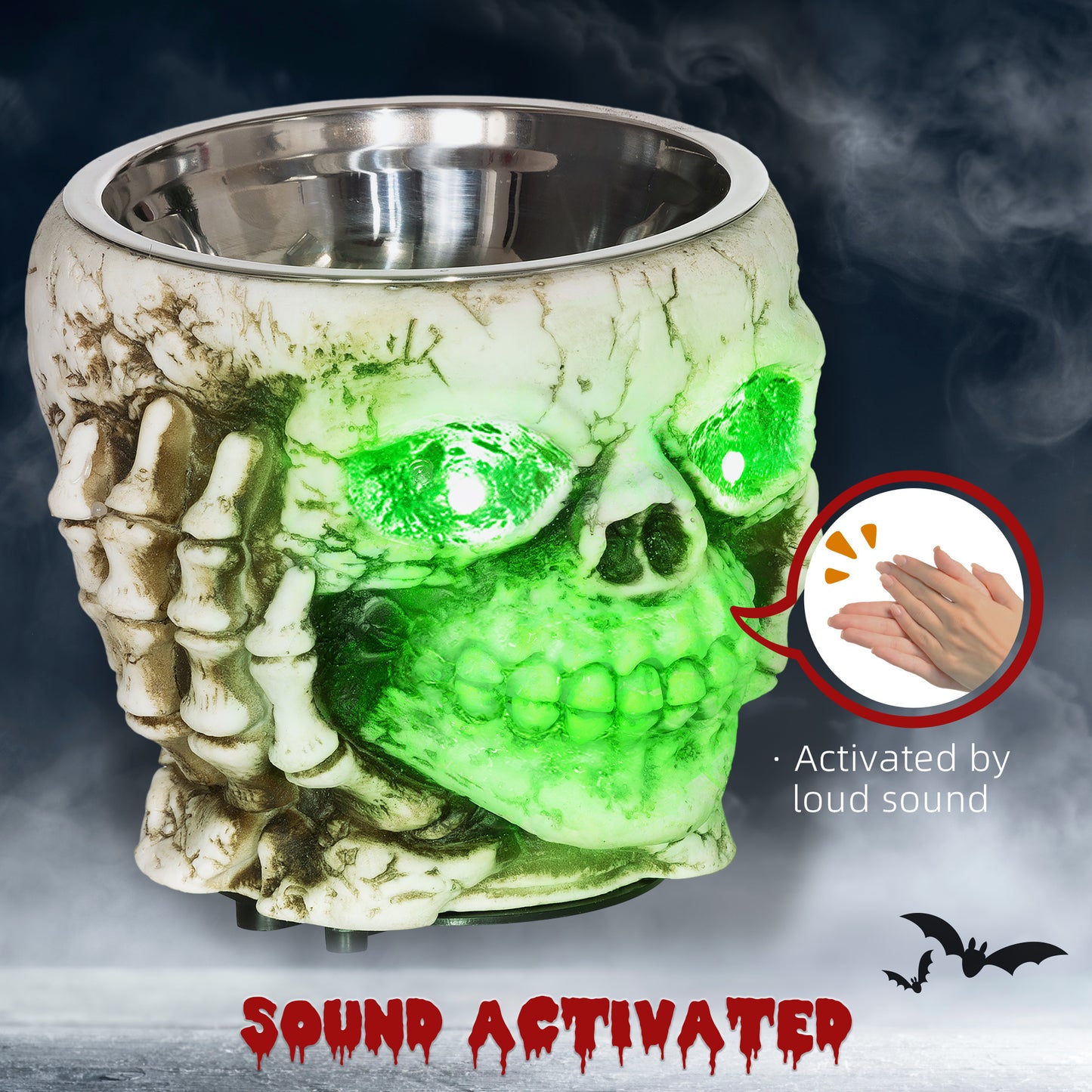 HOMCOM Skeleton Candy Bowl Halloween Prop with Sound Activation, Light-Up Eyes, Sound Effects for Haunted House, 14cm 5.5", Outdoor Decor - Black