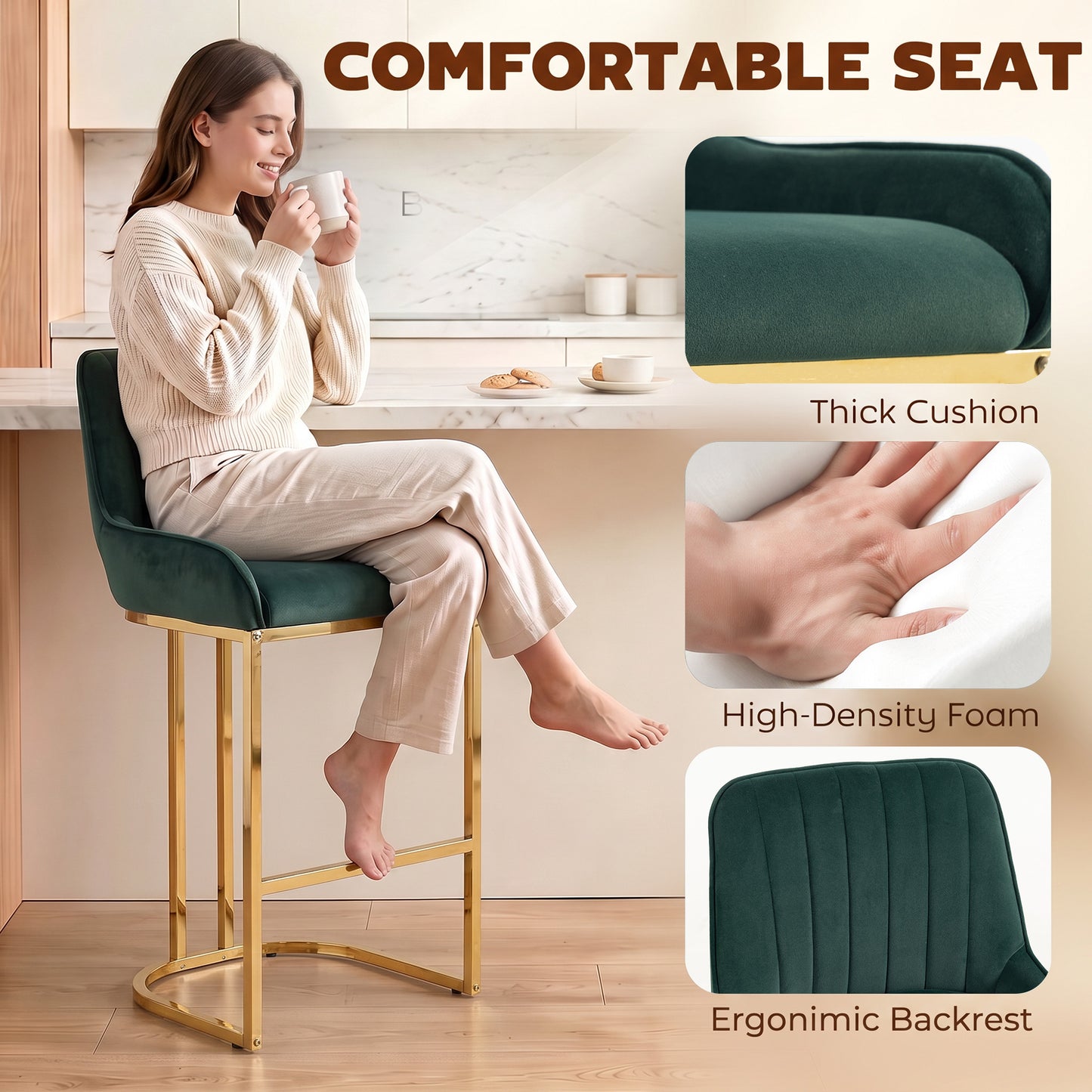 HOMCOM Bar Stools Set of 2 with Backrest, Footrest, Gold Electroplated Legs for Kitchen Island, Dining Room, Dark Green