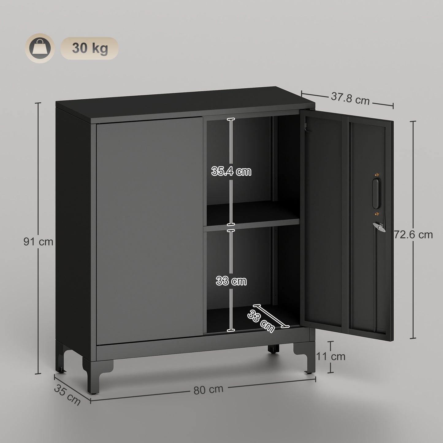 HOMCOM Lockable Metal Filing Cabinet, 2-Tier Storage Cupboard with Double Doors, Modern Office Organiser, Black