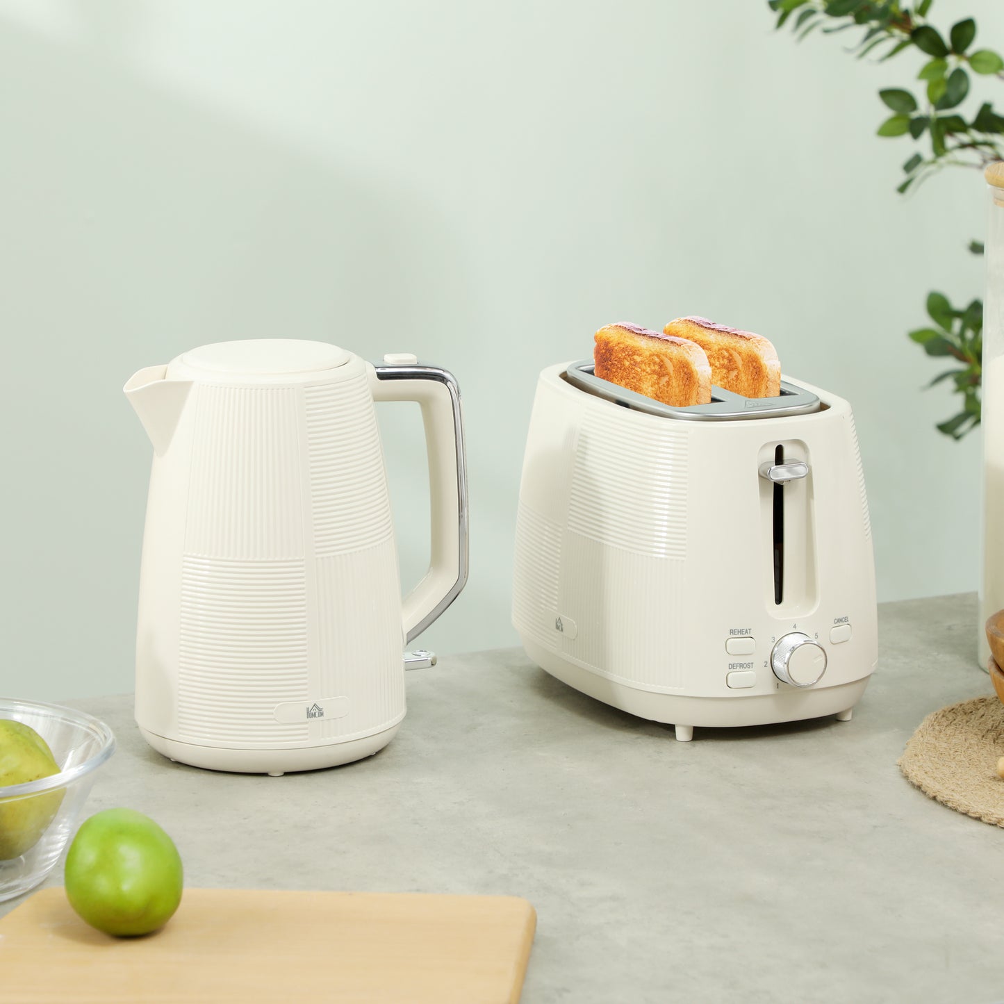 HOMCOM Kettle and Toaster Set, 1.7L 3000W Fast Boil, 2 Slice Toaster, 7 Browning Levels, Cream White