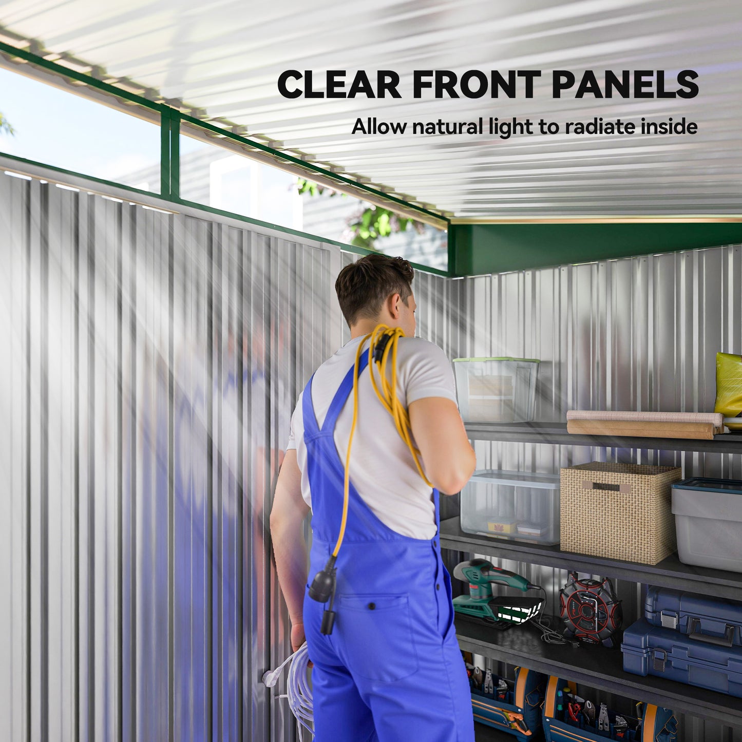 Outsunny Pent Roofed Metal Garden Shed House Hut Gardening Tool Storage w/ Ventilation 260L x 133W x 200Hcm