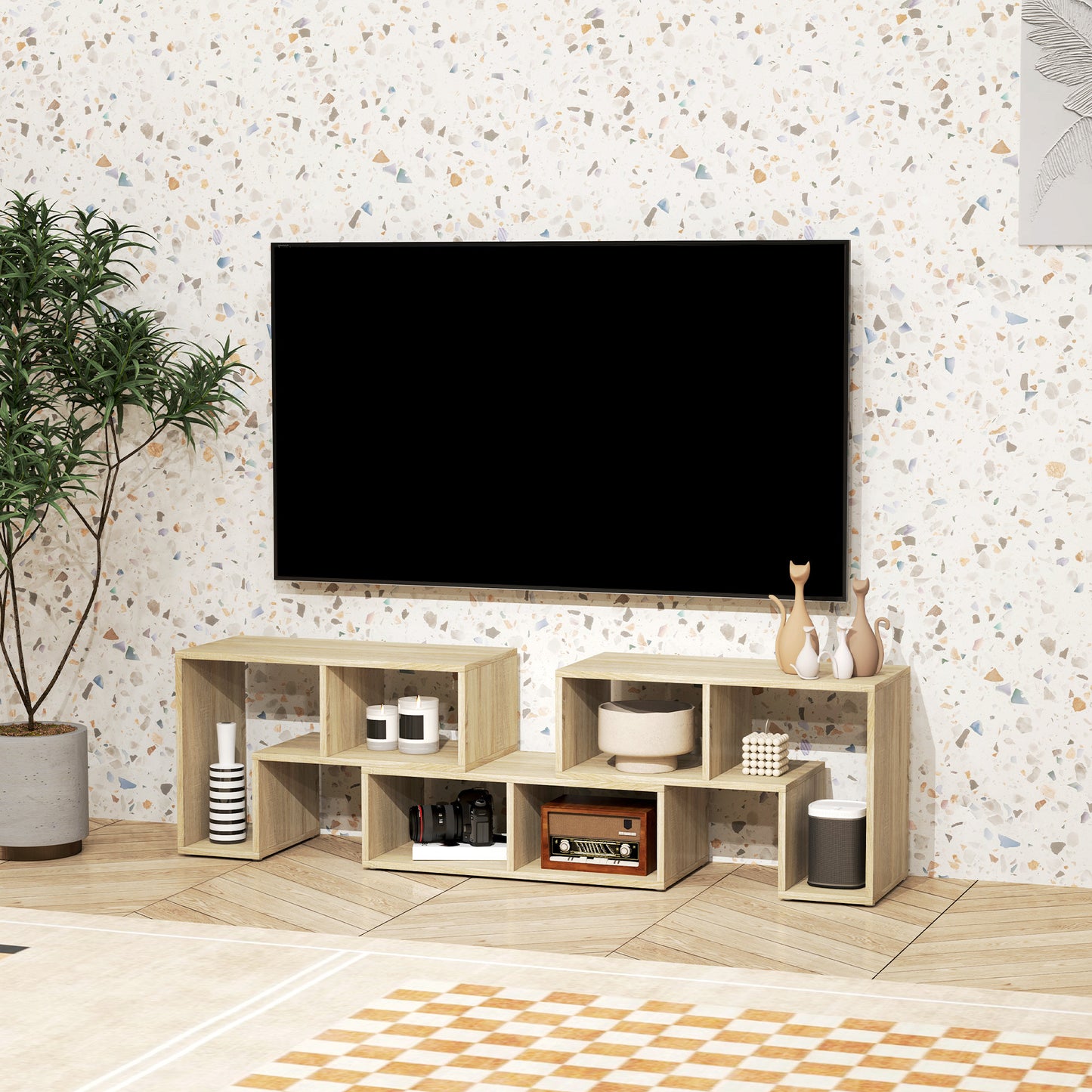 HOMCOM TV Stand for TVs up to 75", Storage Shelves, Extendable Entertainment Unit, Grey Oak
