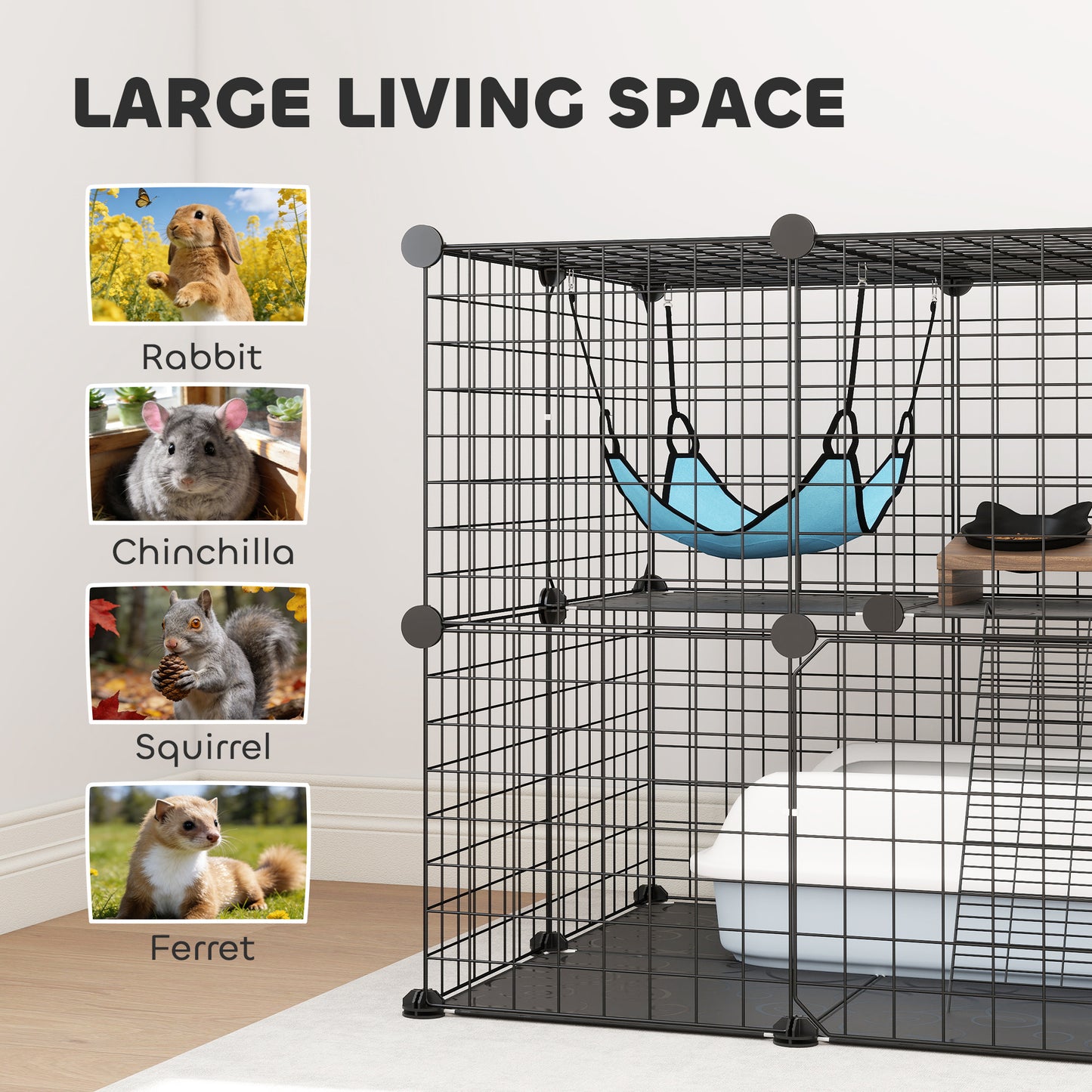 PawHut Indoor Cat Cage DIY Customizable 2-Tier Indoor Cat Enclosure with 2 Doors and Hammock 70 cm Black