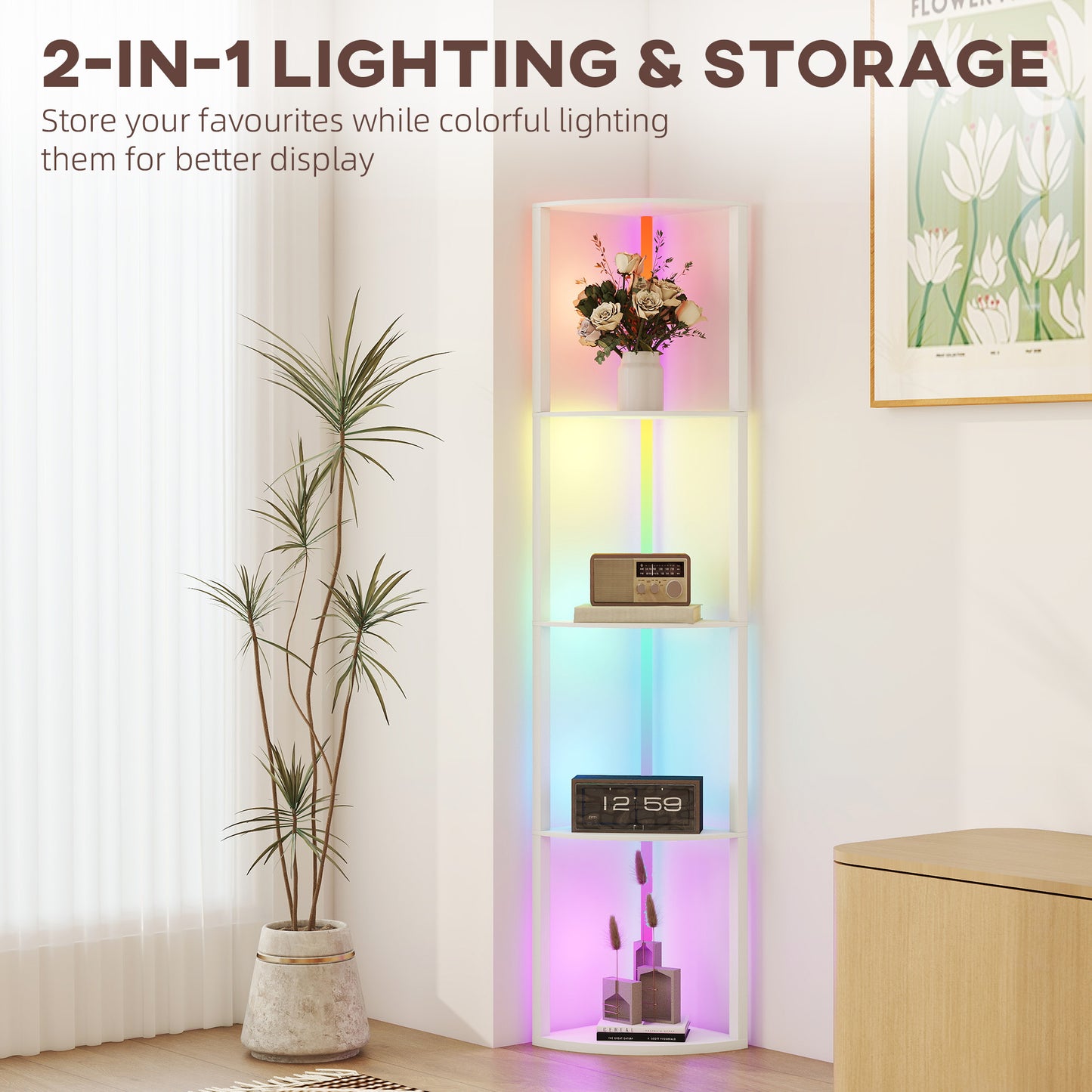 HOMCOM LED Floor Lamp with Shelves, 5-Tier Dimmable Standing Lamp, Adjustable Brightness, Remote Control, Corner Display Shelf Unit, White