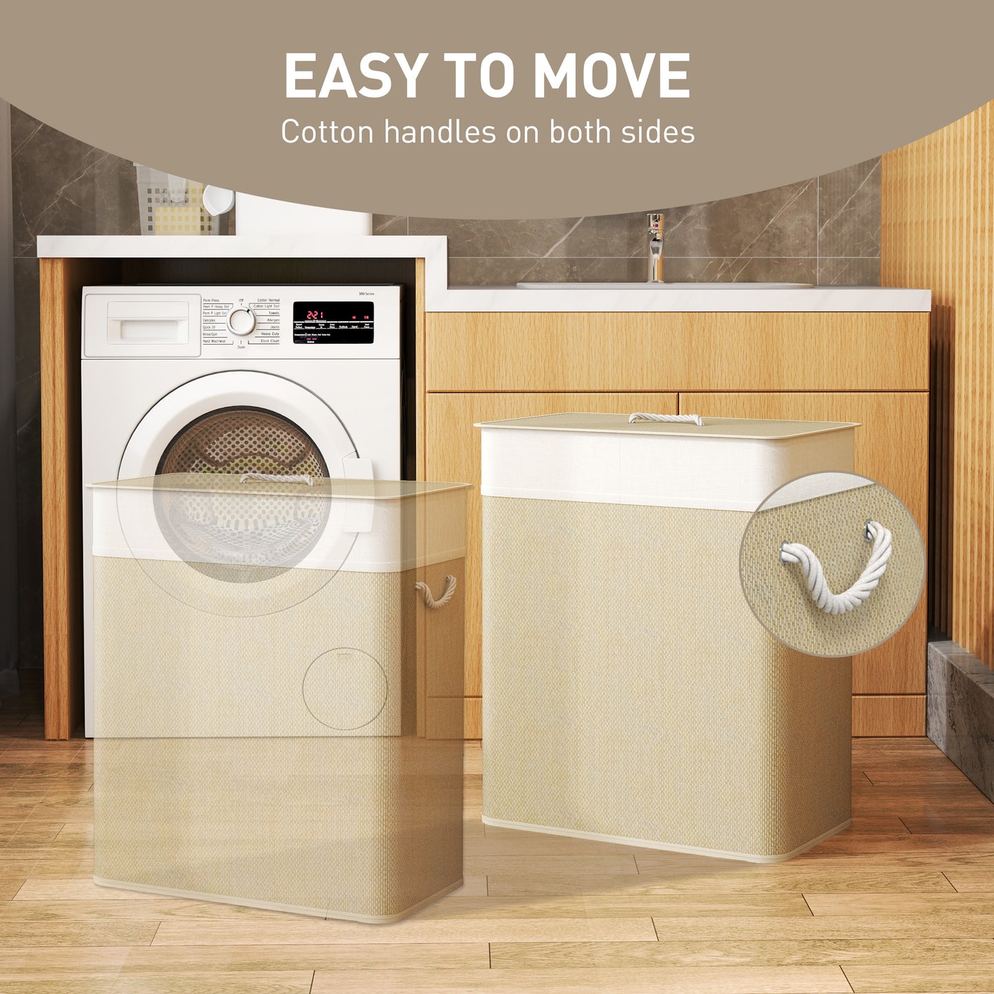 HOMCOM Double Laundry Basket with Lid, 100L Bamboo Hamper, Rope Handles, Removable Liner for Bathroom/Bedroom, Cream White