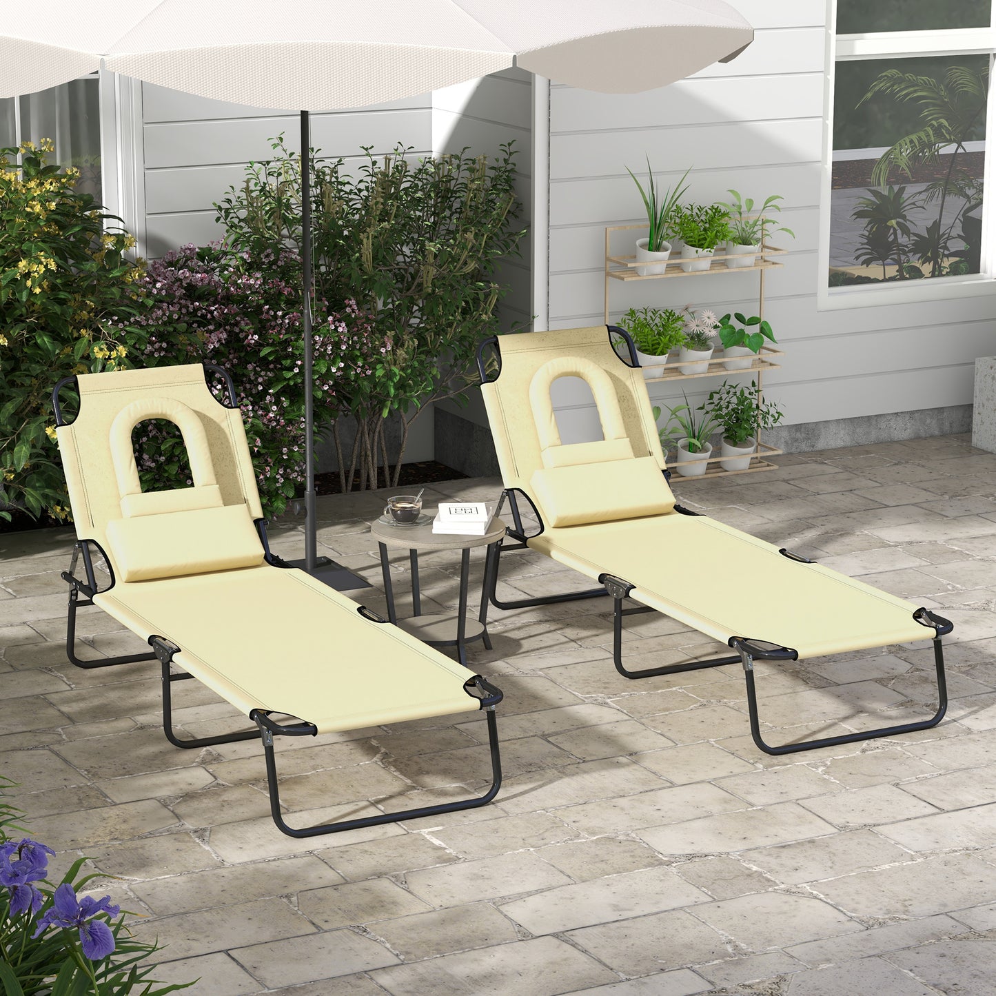 Outsunny Foldable Sun Lounger Set with Pillow Adjustable Backrest - Beige