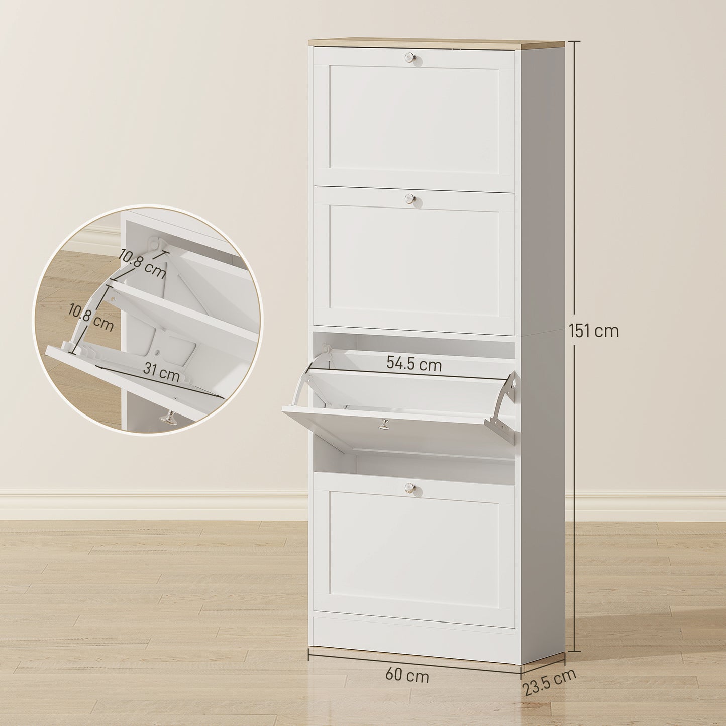 HOMCOM Modern Compact Four-Drawer Shoe Storage Cabinet - White