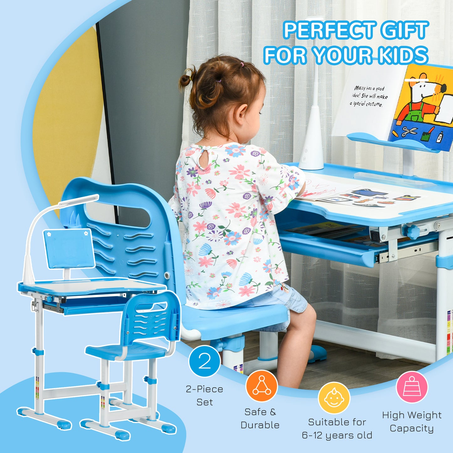 HOMCOM Kids Study Desk and Chair Set w/ Adjustable Height, Storage Drawer - Blue