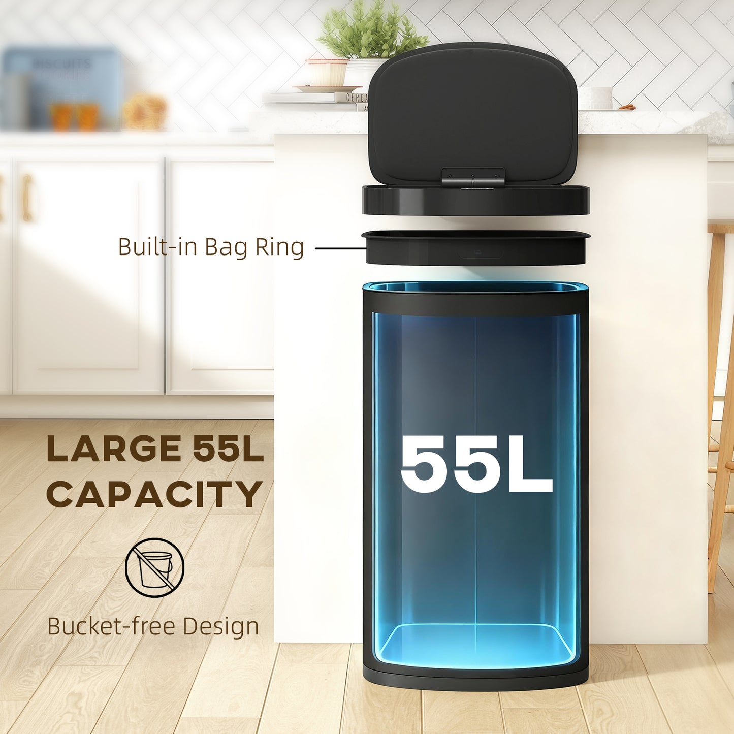 HOMCOM 55L Sensor Bin Stainless Steel Black