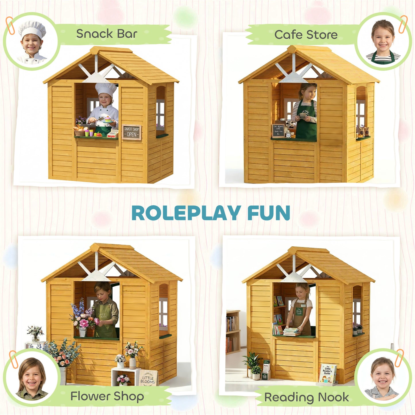 AIYAPLAY Outdoor Kids Playhouse, Wooden Wendy House with Door, 3 Windows, 2 Flower Boxes for Garden, Indoor Playroom
