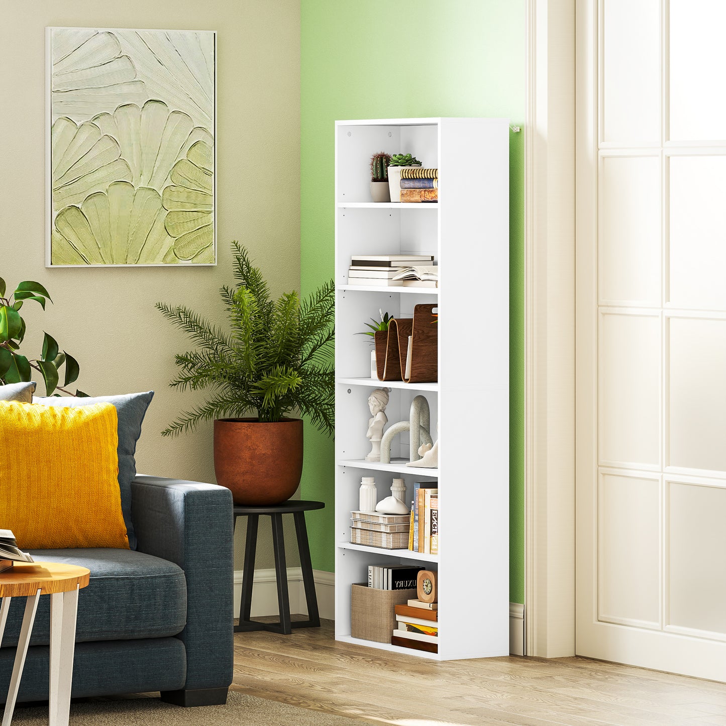 HOMCOM 6 Tier Bookshelf, Freestanding Adjustable Shelves, Display Storage for Living Room/Bedroom/Study, 60x24x158.5 cm, White