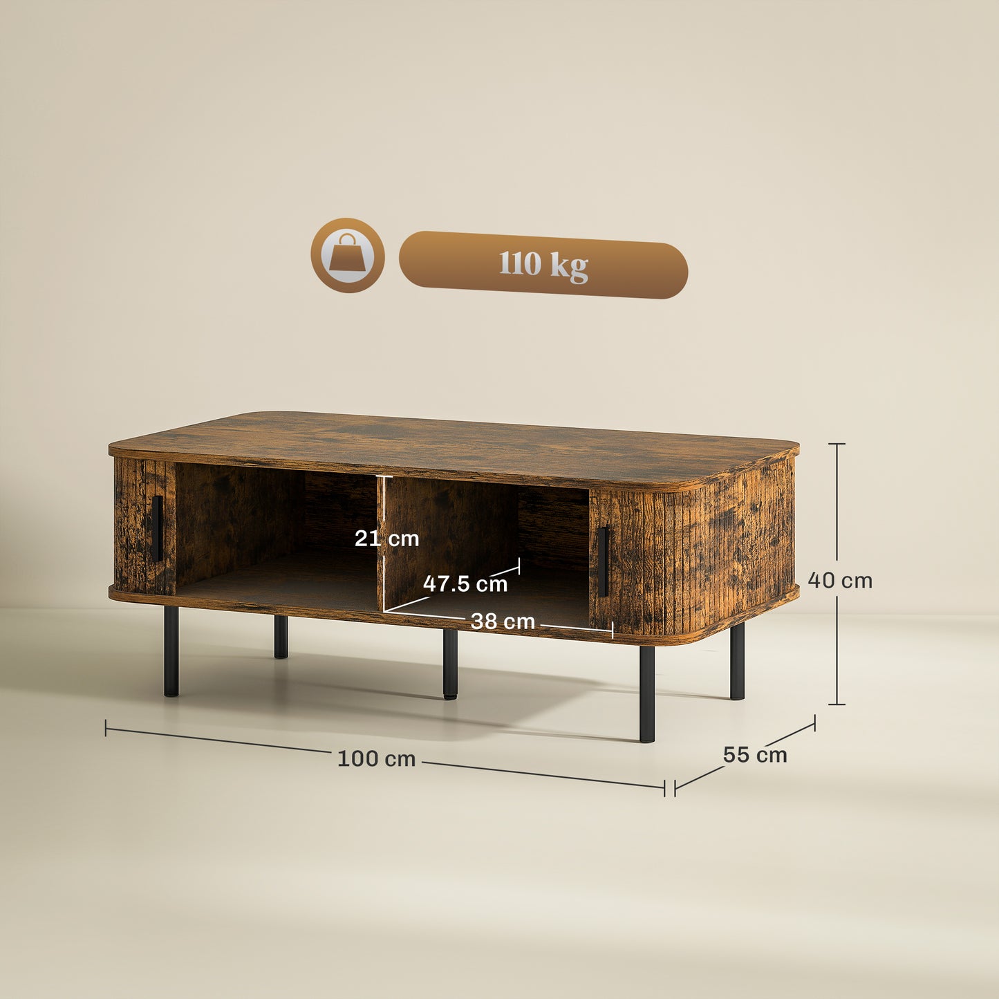 HOMCOM Coffee Table with Storage, Slatted Tambour Sliding Doors, Elevated Base, Foot Pads, Rectangular for Living Room, Rustic Brown